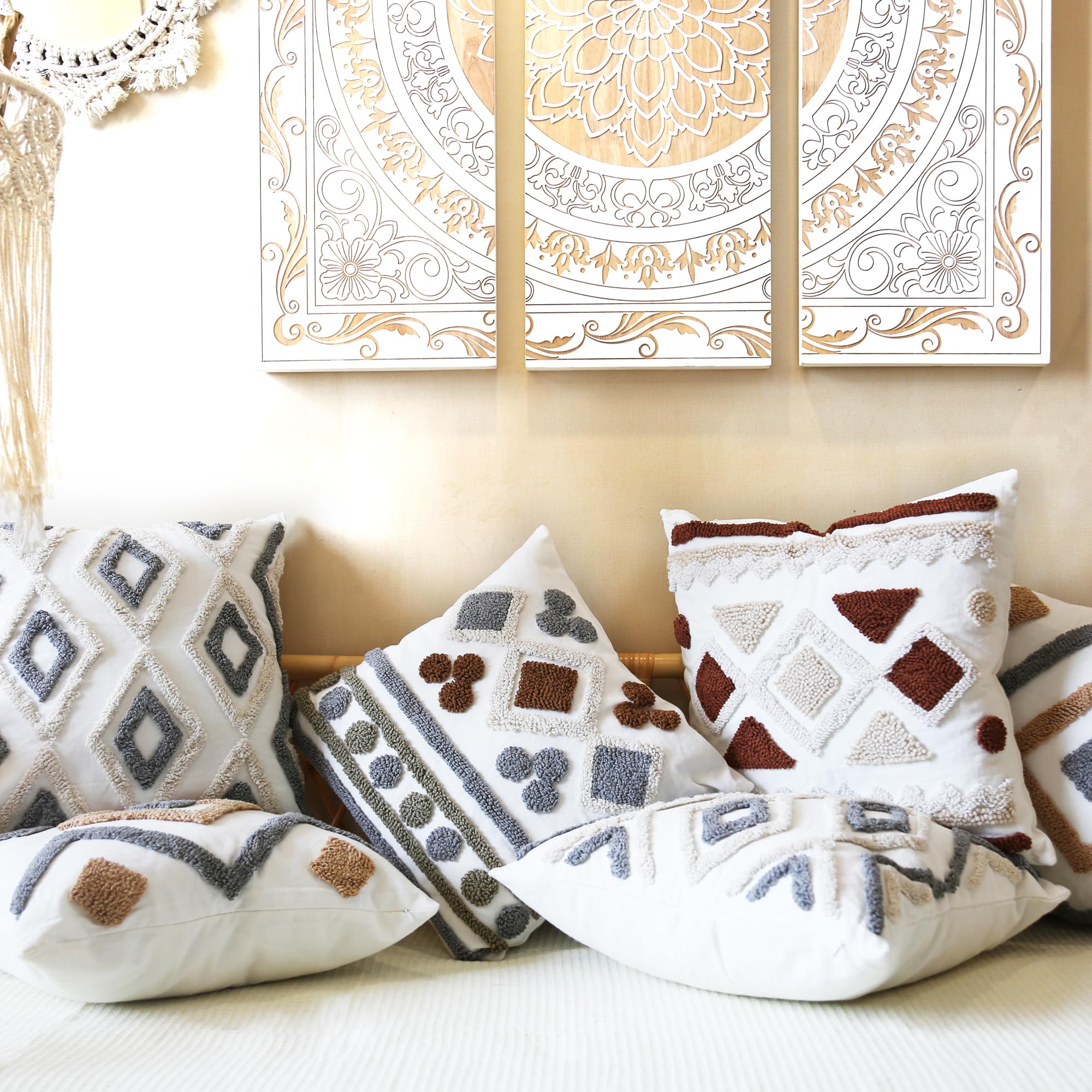 2 federe per cuscini ricamate in stile bohémien, bianco, grigio, marrone, per divano, casa colonica, lussuose federe per cuscini in stile shabby bohémien, 45 x 45 cm