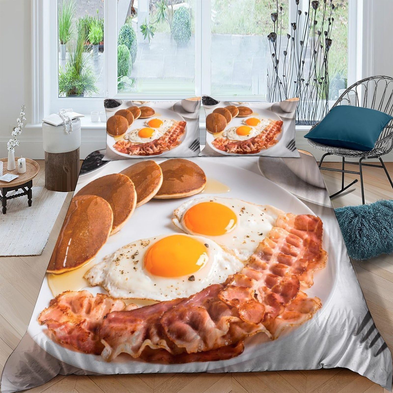 Ctjqhvkz Style-5 3D Printed Breakfast Food Fitted Sheet Microfiber Soft Bacon Eggs Pancake Mattress Cover For Bedroom Guest Room Decor Single（135X200cm）