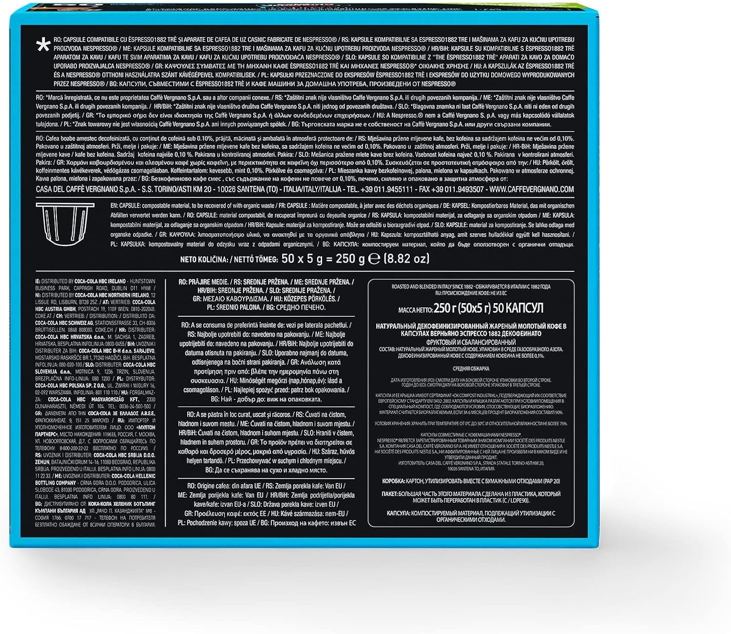Caffè Vergnano 1882 Èspresso Miscela DEK Decaffeinato, 200 Capsule Compostabili Compatibili Nespresso -DD-