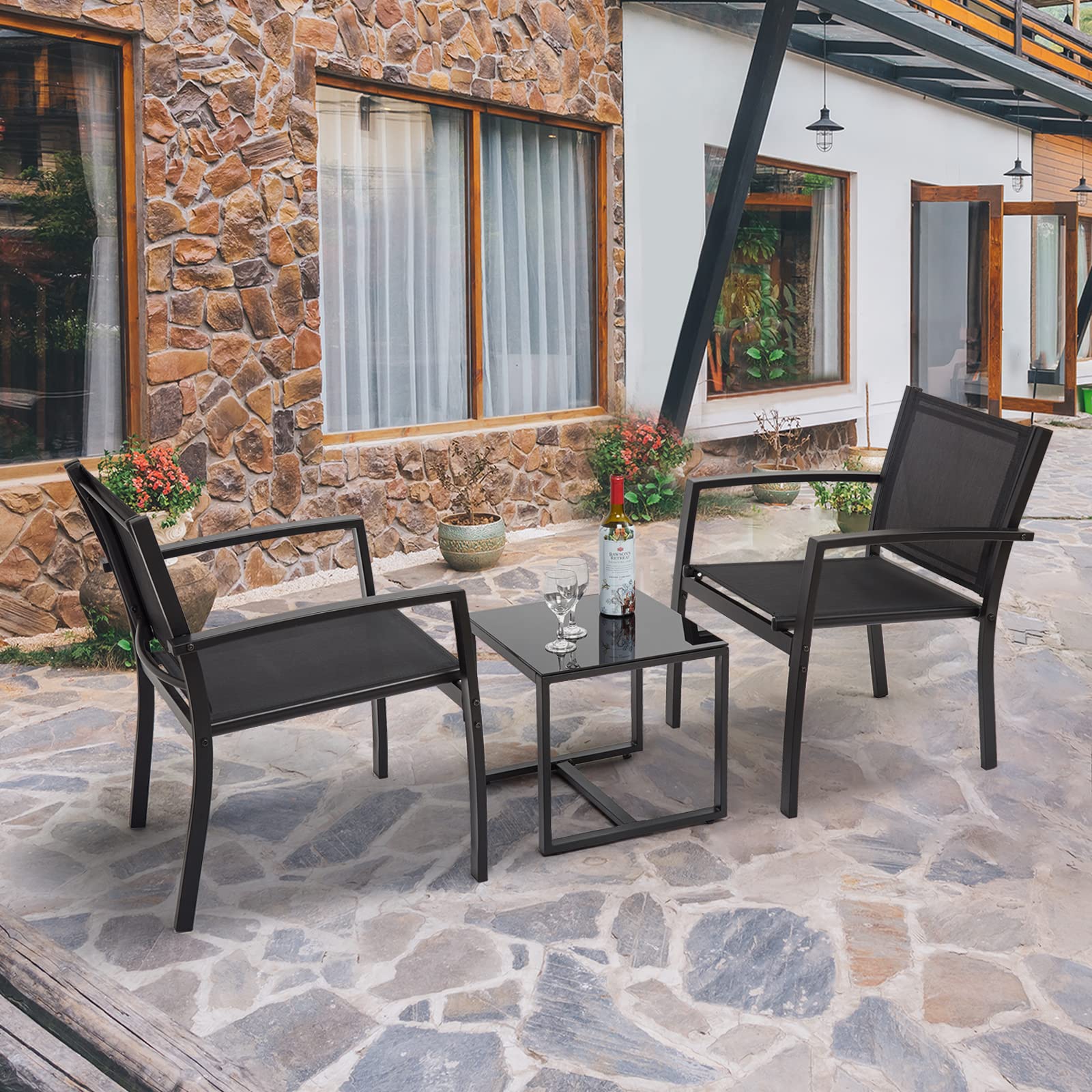 IntimaTe WM Heart meble ogrodowe, zestaw 3-częściowy, zestaw mebli ogrodowych do ogrodu i na balkon, zestaw ogrodowy z trzema krzesłami i szklanym stołem (trzyczęściowy zestaw) HWTZ01