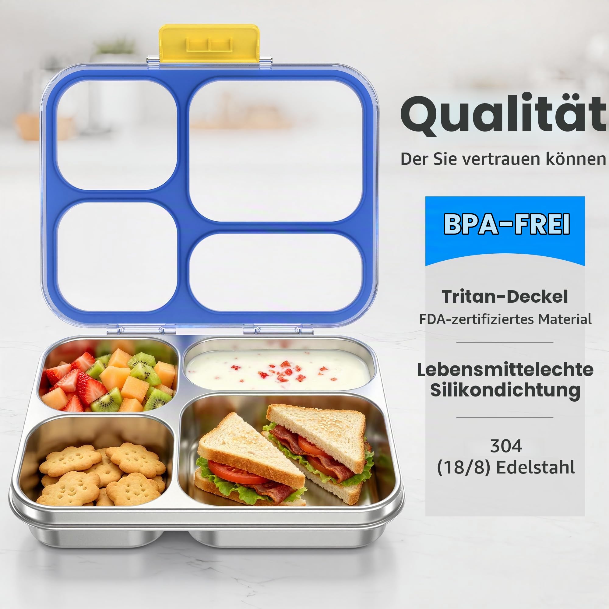 VITONIS Edelstahl Brotdose Kinder Metall Bento Lunchbox mit 4 Fächern, 930 ml Auslaufsichere Brotbox Sandwichbox Brotzeitdose Vesperdose Brotbüchse, Spülmaschinenfest Blau