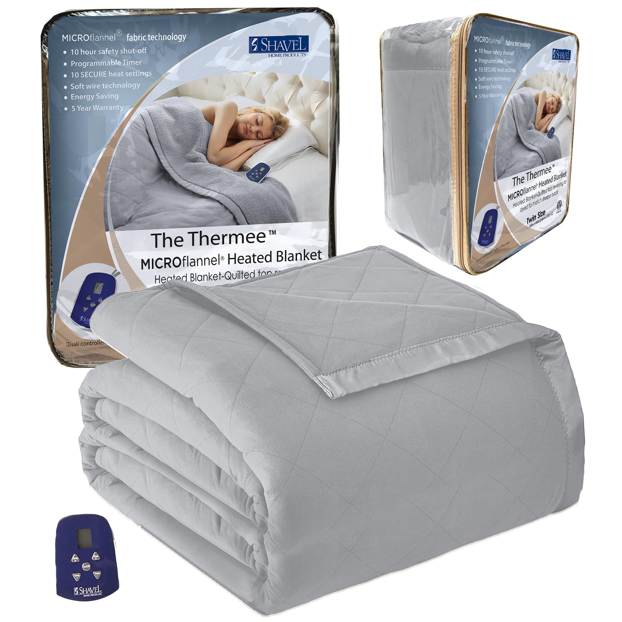 Thermee Micro Flannel Heated Blanket - Twin Size, 10 Settings, Rapid Heating, Luxuriously Soft - Slate Grey