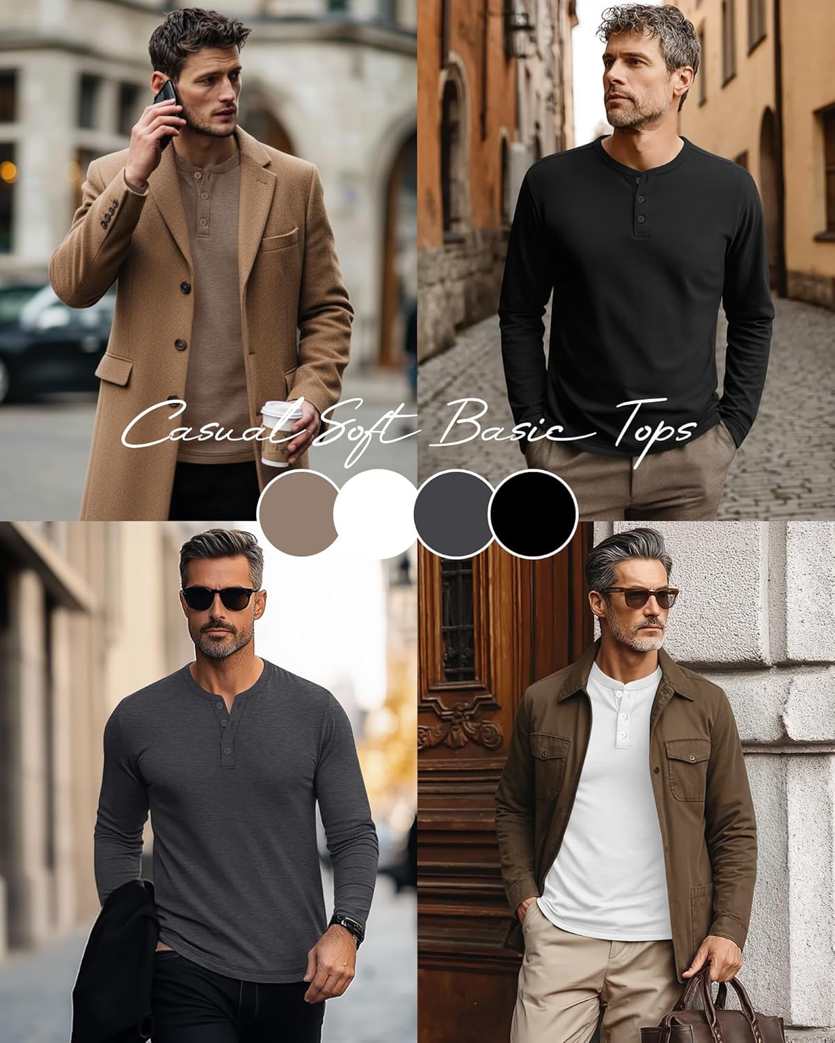 4 Pack Men's Big and Tall Henley T-Shirts, Long Sleeve Crew Neck 3 Button Casual Soft Basic Tee Tops Multipack - Image 2