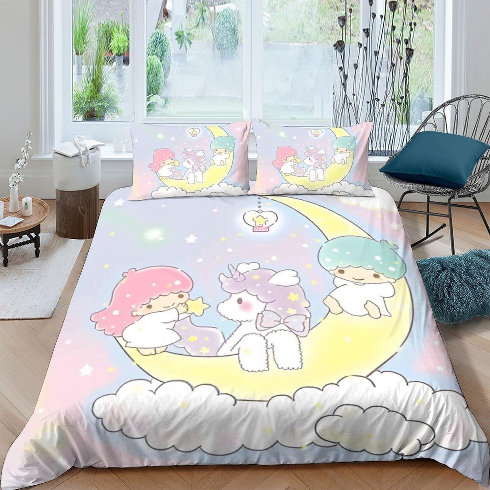 Ctjqhvkz Style-8 3D Printed Pastel Cartoon Moon Fitted Sheet Microfiber Soft Anti-Slip Star Cloud Mattress Cover For Bedroom Home Decor Single（135X200cm）