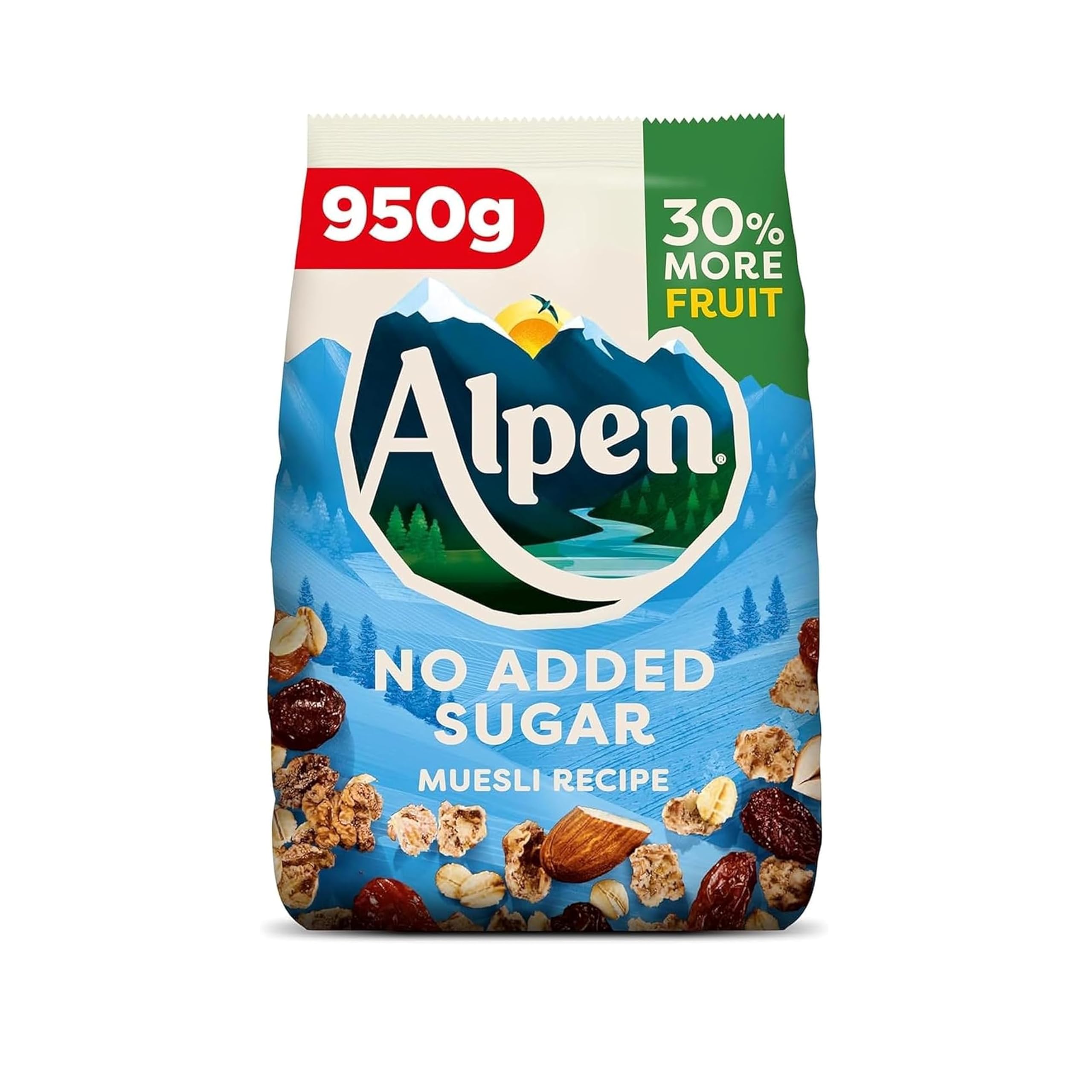 Alpen No Added Sugar Muesli - 950g | 30% More Fruit, Crunchy & Chewy Spoonfuls With Juicy Raisins, Roasted Nuts & Rolled Oats