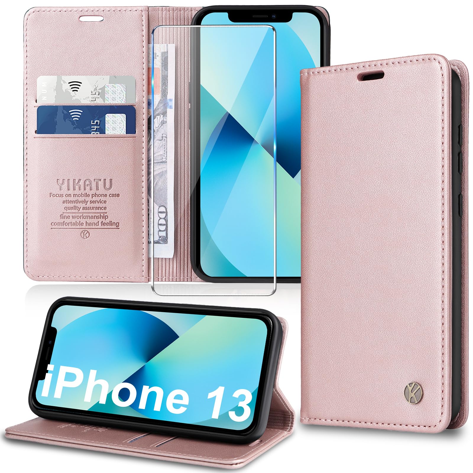 Migexxkj Handyhülle für iPhone 13 Hülle [mit Schutzfolie][Premium PU Leder] Klapphülle Ständer Kartenfach Magnetic Flip Case Cover Etui Tasche Schutzhülle für iPhone 13 6.1“