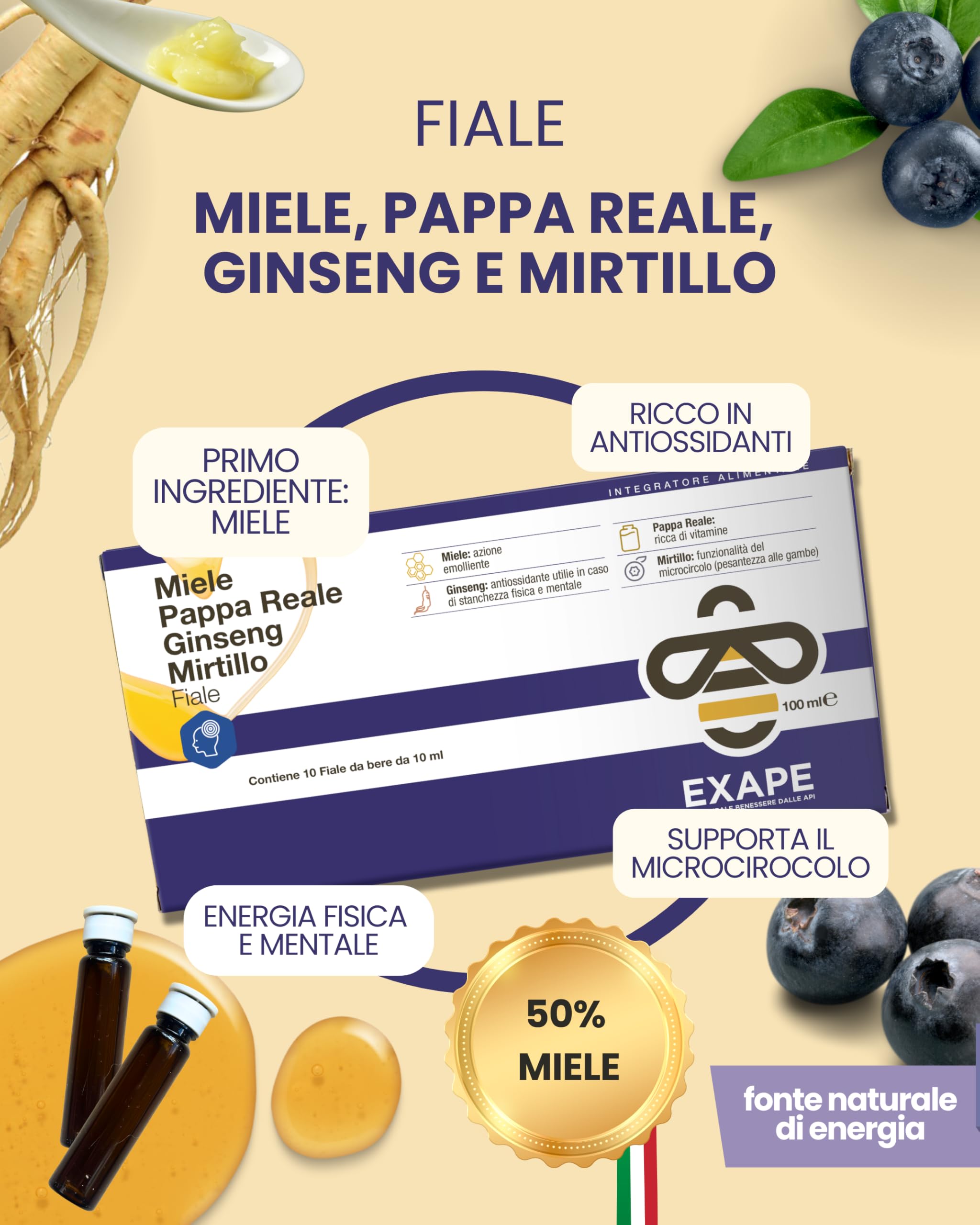 EXAPE - Pappa Reale Fresca Tonico Naturale, Integratore Energetico, Azione Ricostituente e Antiossidante, con Miele 50%, Pappa Reale Fresca, Ginseng, Mirtillo, 10 Flaconcini da 10ml - 2 CONFEZIONI