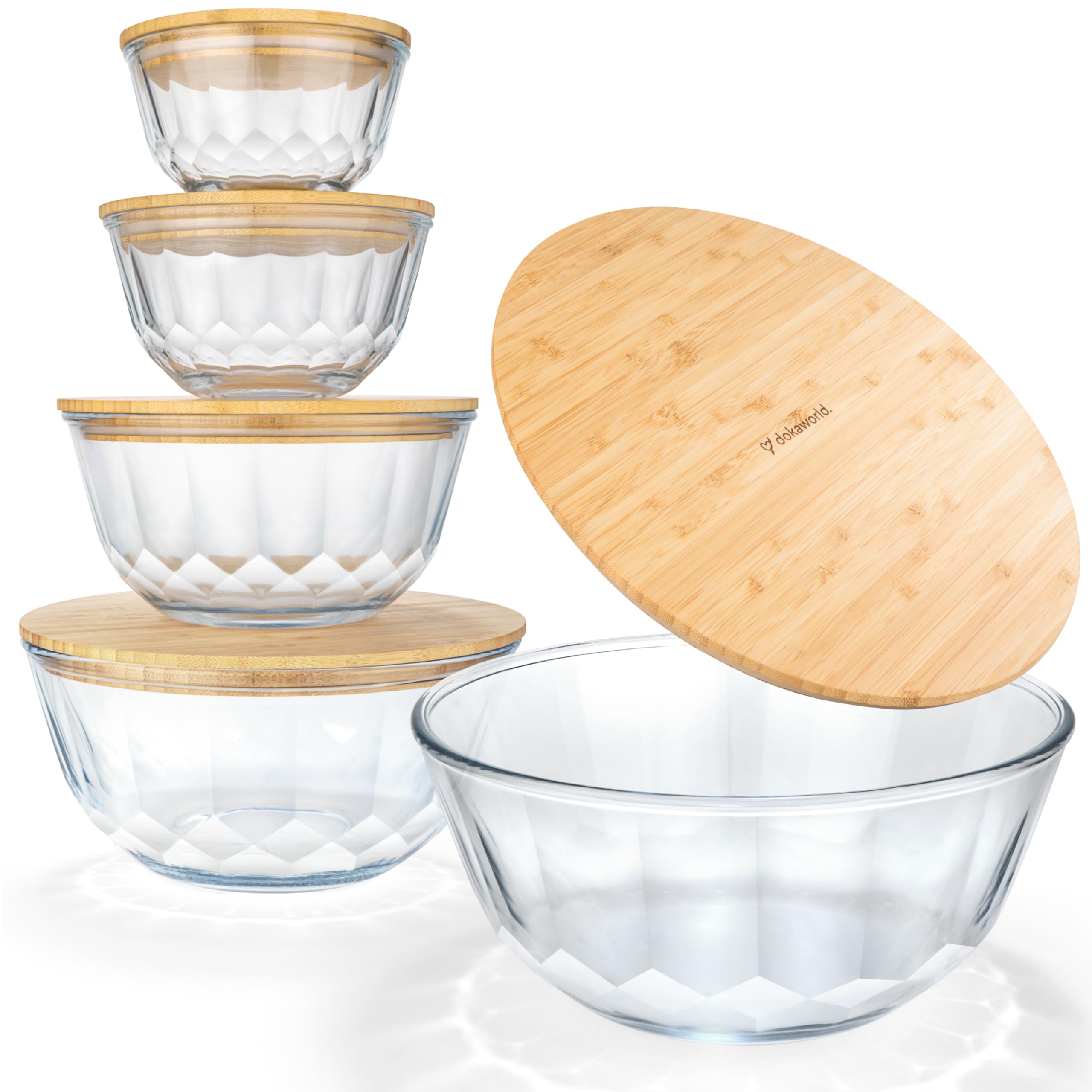 Stapelbares, platzsparendes Set mit 5 stapelbaren Glasschalen mit Bambusdeckeln für Lebensmittelzubereitung, Aufbewahrung, Backen, Mischen und Kochen, mikrowellen- und ofenfest, BPA-frei