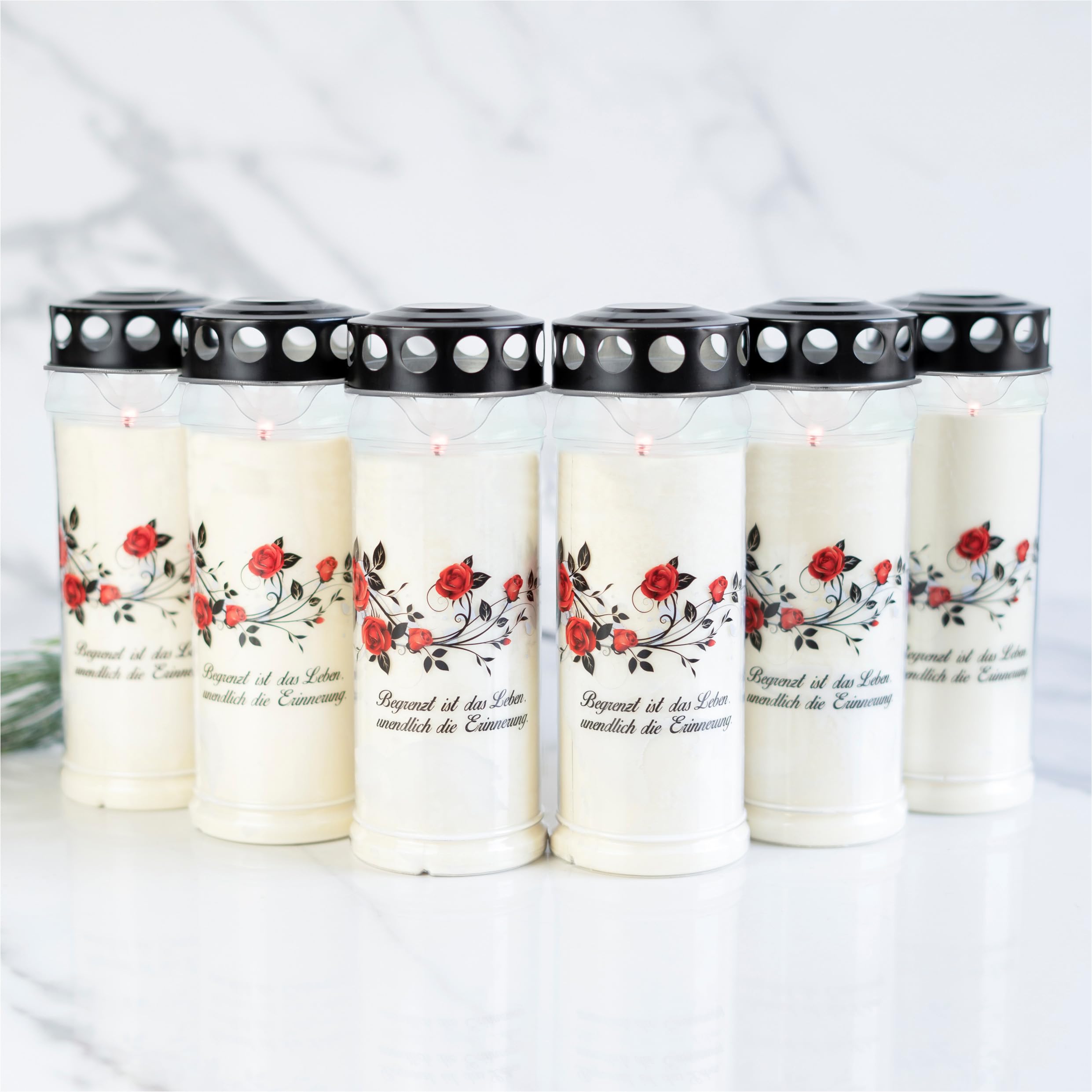 Hofer Lot de 6 bougies funéraires - Durée de combustion : 7 jours de combustion - L'original [Sehnsucht Select] - Avec couvercle - Bougie funéraire avec motif et inscription
