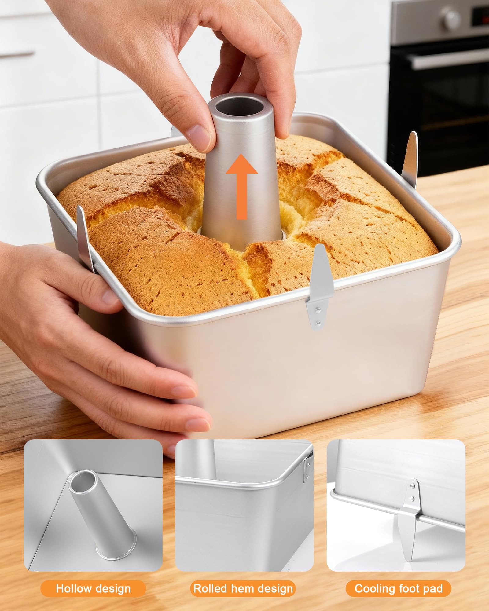 Roicaholy Quadratische Engel-Kuchenform mit abnehmbarem Boden, 24,1 cm Aluminium-Legierung mit Kühlfüßen, Kapazität für 24 Tassen für Chiffon- und Biskuitkuchen