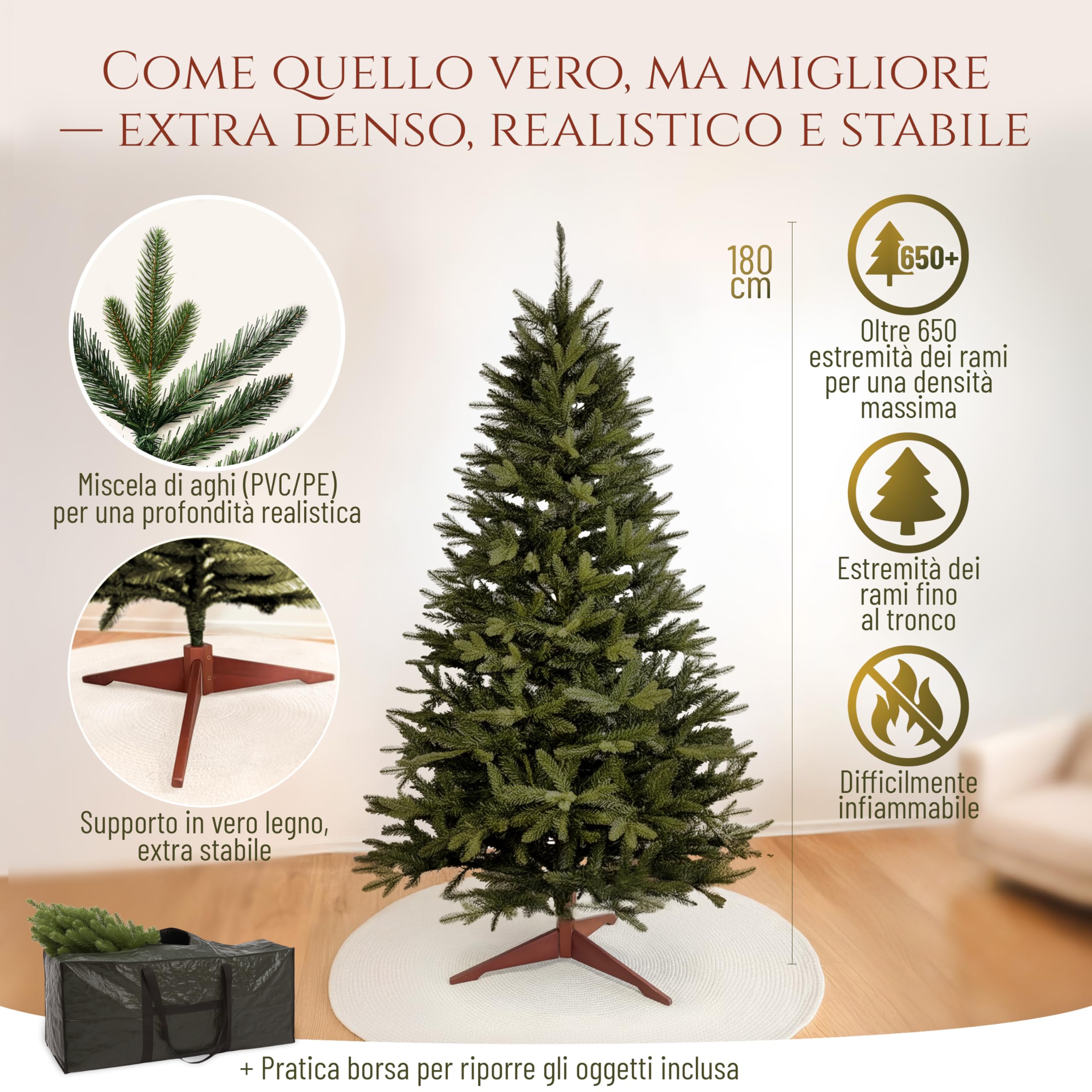 Albero di Natale Artificiale Premium 180cm – Realistico, Rami Fitti, con Base in Legno e Borsa per Riporre – Albero di Natale di Pure Living