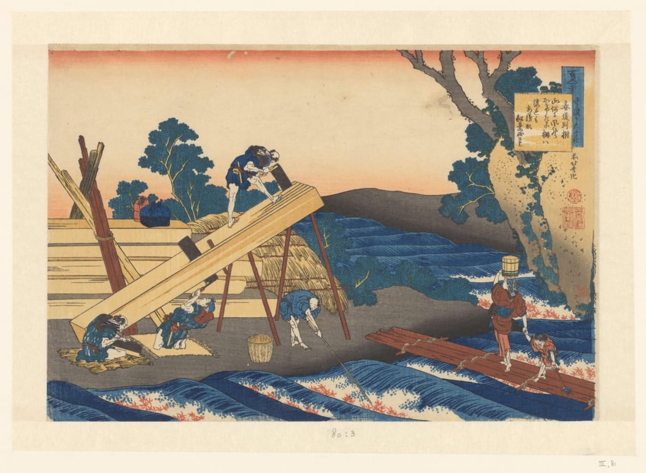 POSTERIIk Famous Modern Artwork Art Mural Sawmill in the Bend of a River Poems by Katsushika Hokusai Oil Paintings Pictures for Home Decor 60x90cm