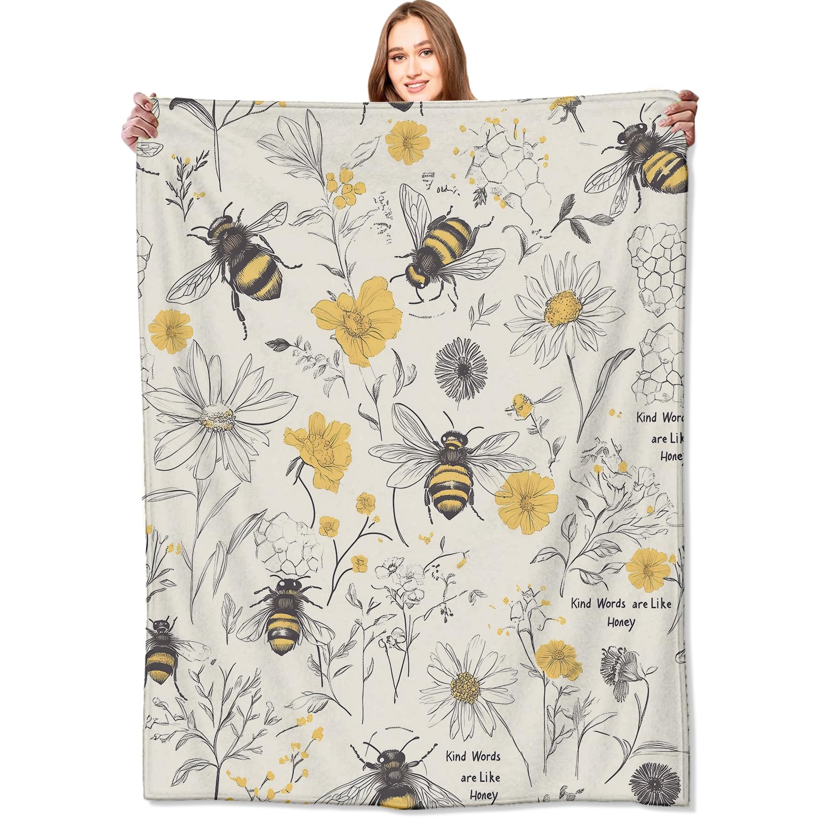 VODRM Bee and Wildflower Blanket,50x60in,Inspirational Quotes Flower Throw Blankets,Gifts for Kids Women & Nature Lovers, Lightweight Soft Fleece Cozy