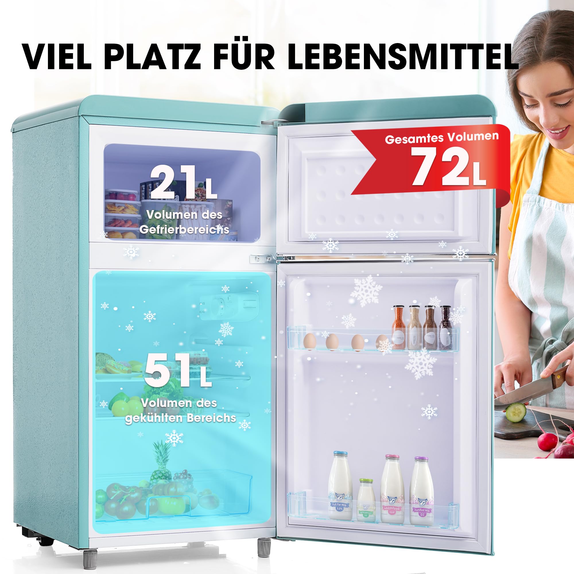 Merax Retro Kühlschrank, Doppeltür, 72L Gesamtvolumen, 21L Gefrierfach, Energieklasse E, 120 kWh/Jahr, LED-Beleuchtung, 3 verstellbare Einlegeböden Cyan