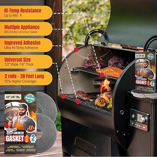 Miniatura 3 de Sello de junta para ahumador XXL de 20 pies, color gris, junta de parrilla de alta temperatura de 12 x 18 pulgadas, paquete de 2 sellos