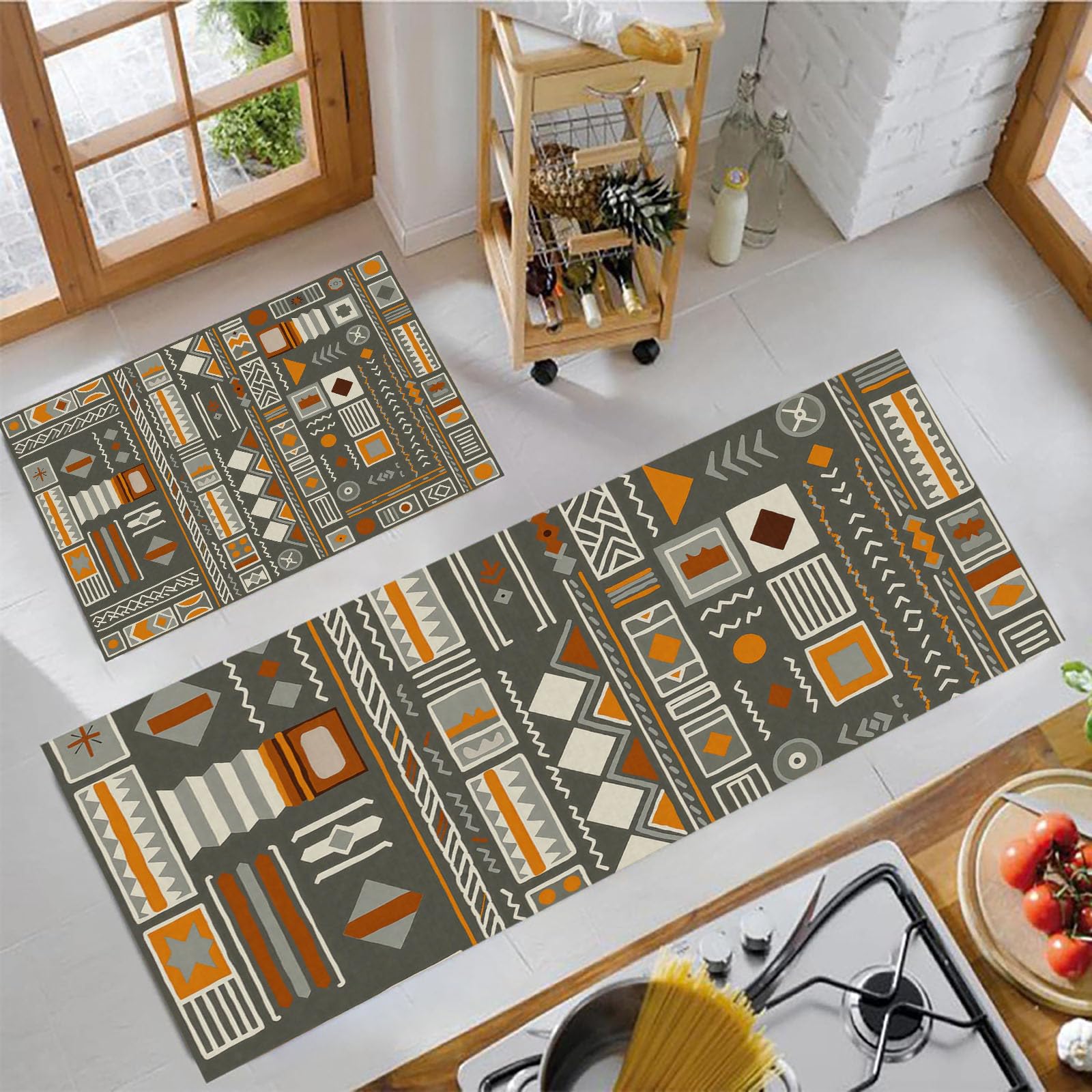 Ensemble de tapis de cuisine géométrie traditionnelle gris anthracite 2 pièces