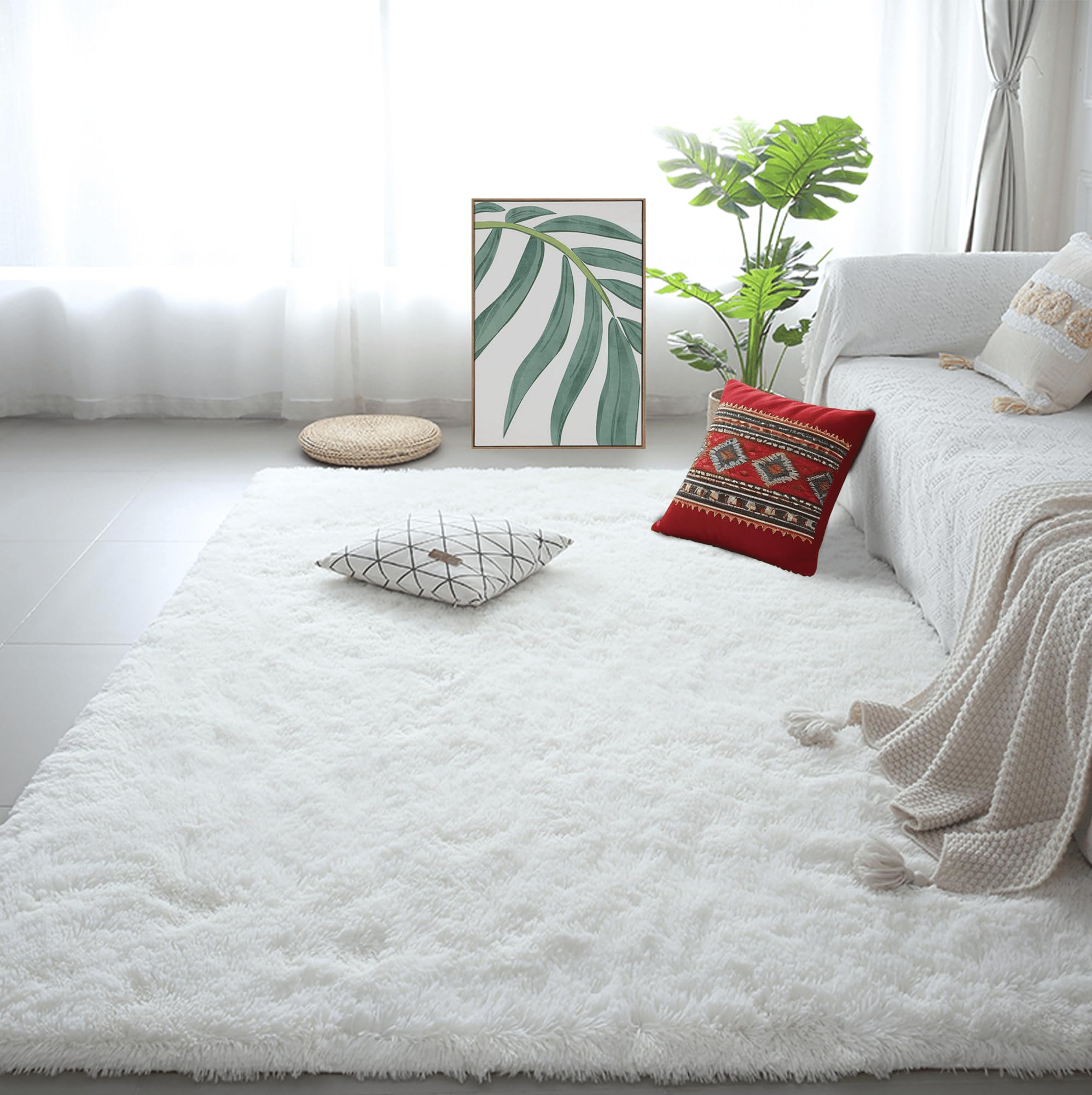 Tapis moderne doux et fluffy blanc 130x220 cm avec dossier antidérapant