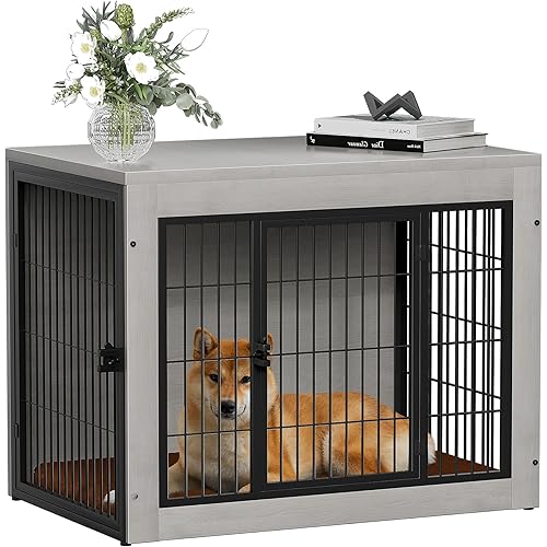 Dog Crate Furinture with Thick Cushion, Side End Table Wooden Dog Cage with Double Doors, Chew-Resistant Dog Kennel Dog House Indoor for Small to Large Dog, M (Grey)