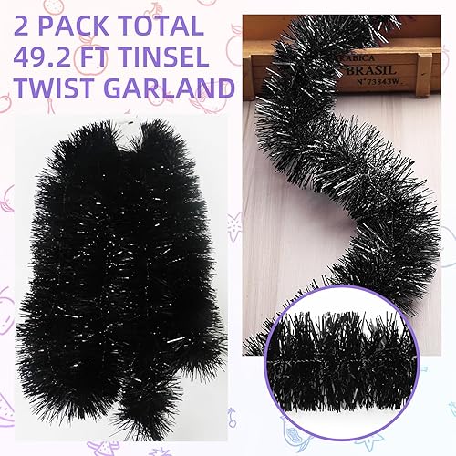 Miniatura 4 de Guirnalda de oropel negra de 50 pies, guirnalda de oropel de papel de aluminio para decoración de pared de árbol de Navidad, decoración de fiesta de