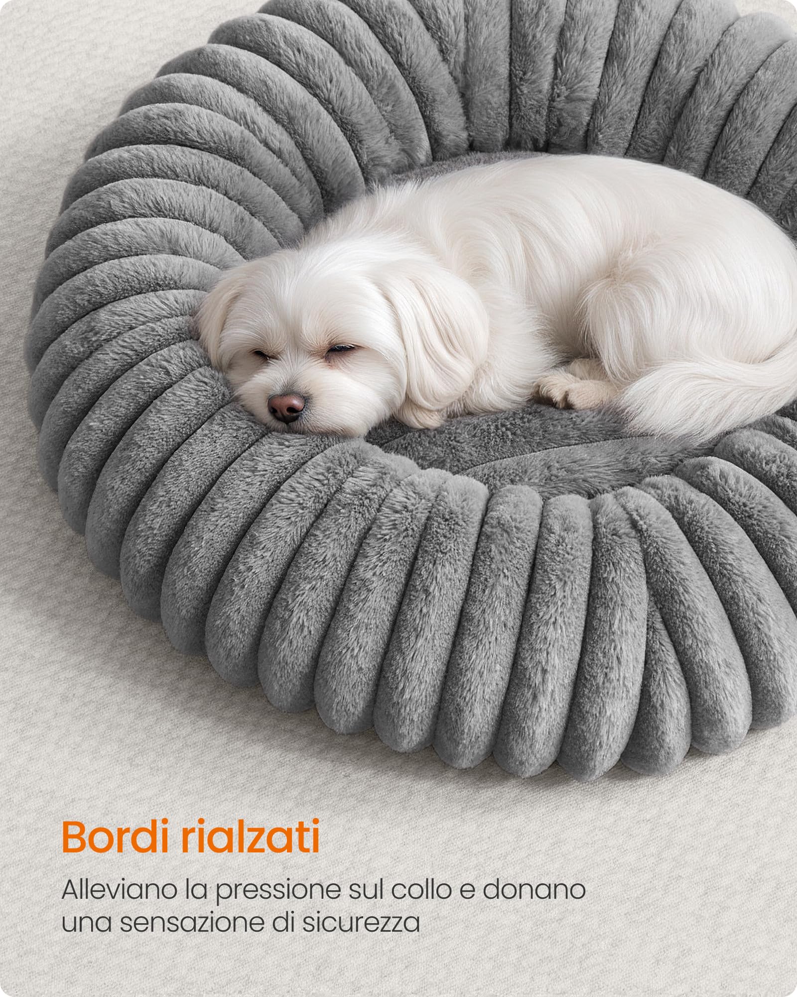 Feandrea Cuccia per Cani e Gatti di Taglia Media, Diametro di 60 cm, Lettino per Animali Domestici, Cuscino Lavabile, Tappeto Soffice, Imbottitura Morbida, Grigio Tortora PGW302GD01