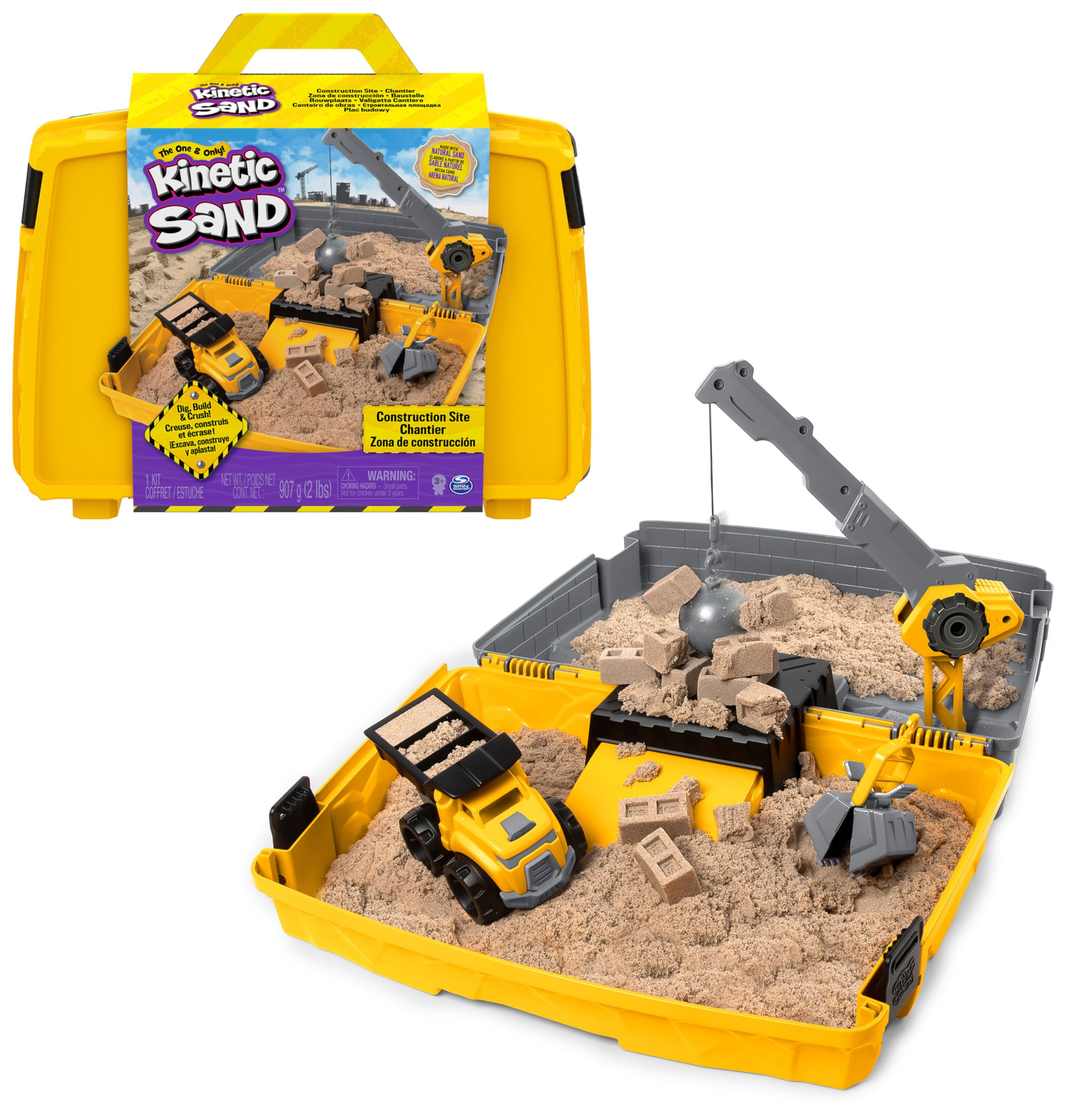 Kinetic Sand Sable Magique - Mallette de Construction 907 G + 3 Accessoires - Emportez Votre Sable À Modeler Partout & Sculptez Vos Créations comme De La Pâte À Modeler - Jouet Enfant 3 Ans Et +
