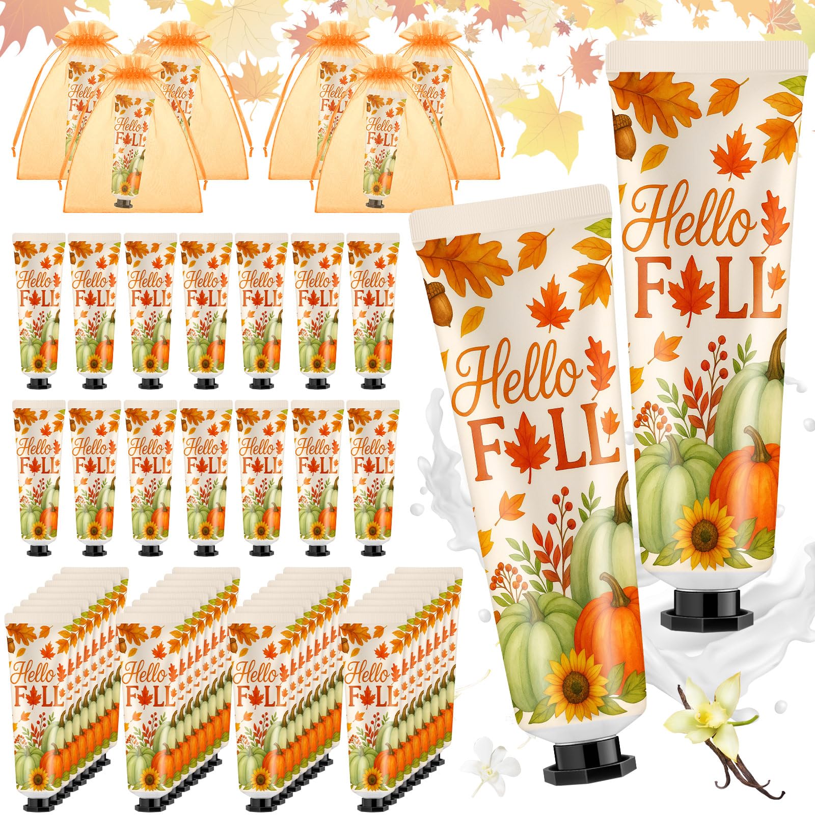 48 Sets Hello Fall Hand Cream Gifts Bulk Baby Shower Hand Cream Travel Size Lotion Bulk Fall Thanksgiving Party Supplies Favors Birthday Wedding for Guest Fall Orange