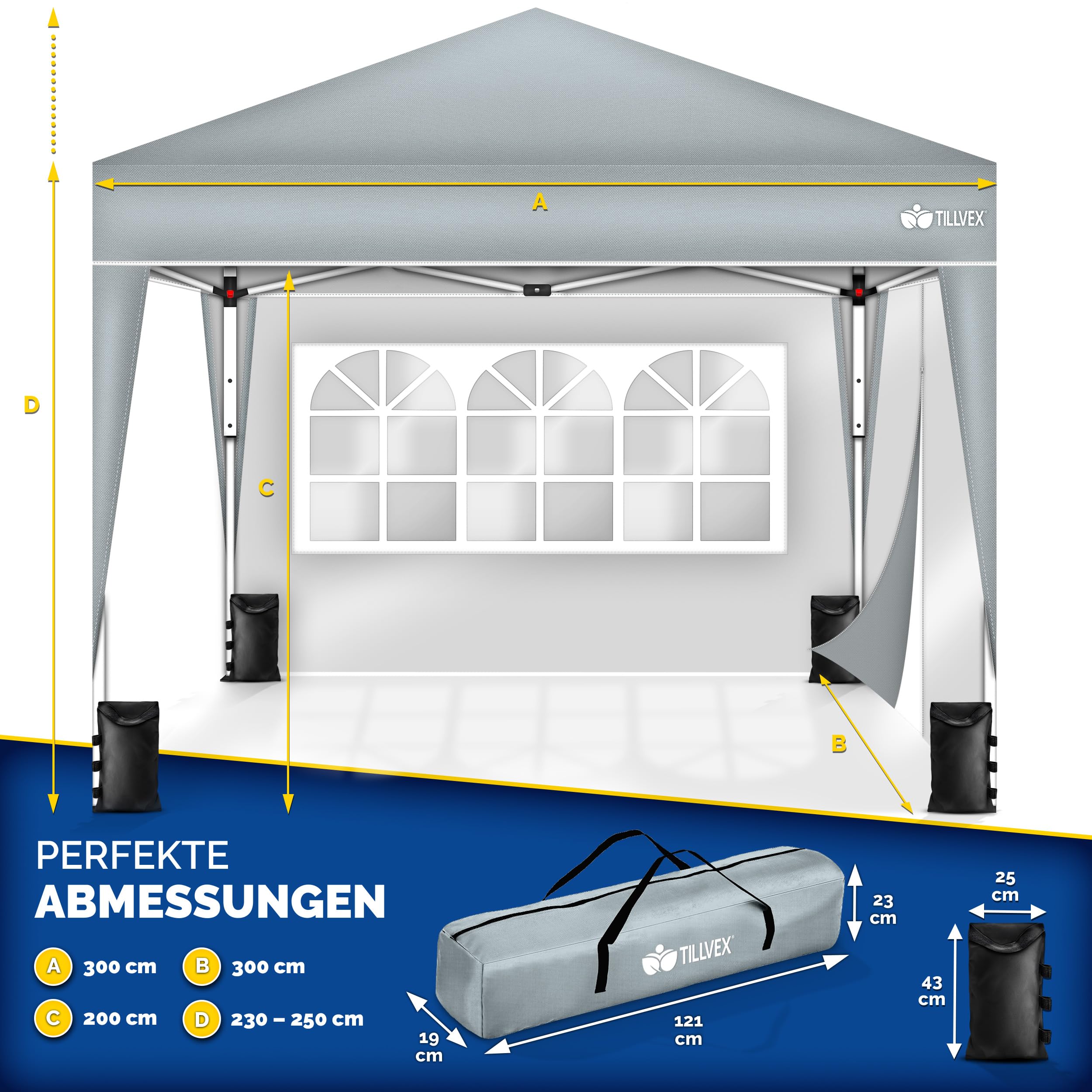 tillvex Gazebo Plegable Cenador 3x3m Impermeable | Pabellon de Jardin Pop-up Regulable en Altura | Carpa de jardín protección UV 50+ | Cenador de Fiesta con Bolsa (Gris - con 2 Paredes)