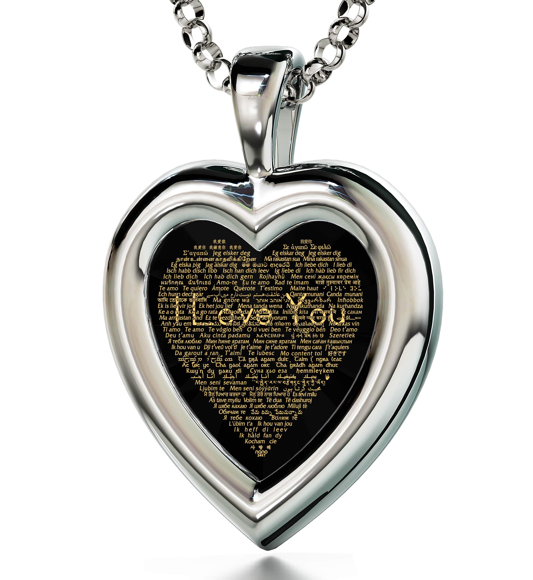 NanoStyle 925 Sterling Silver Heart Pendant I Love You Necklace in 120 Languages in Pure Gold Inscribed in Miniature Text on Brilliant Cut Heart-Shaped Cubic Zirconia Gemstone, 18' Rolo Chain