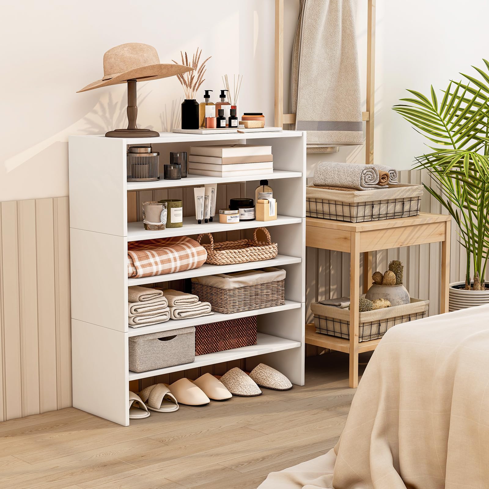 COSTWAY 5-stufiger stapelbares Schuhregal, Schuhschrank offen, 78 x 30 x 90 cm, Schuhablage aus Holz, für Eingangsbereich, Flur, frei kombinierbar, Weiß