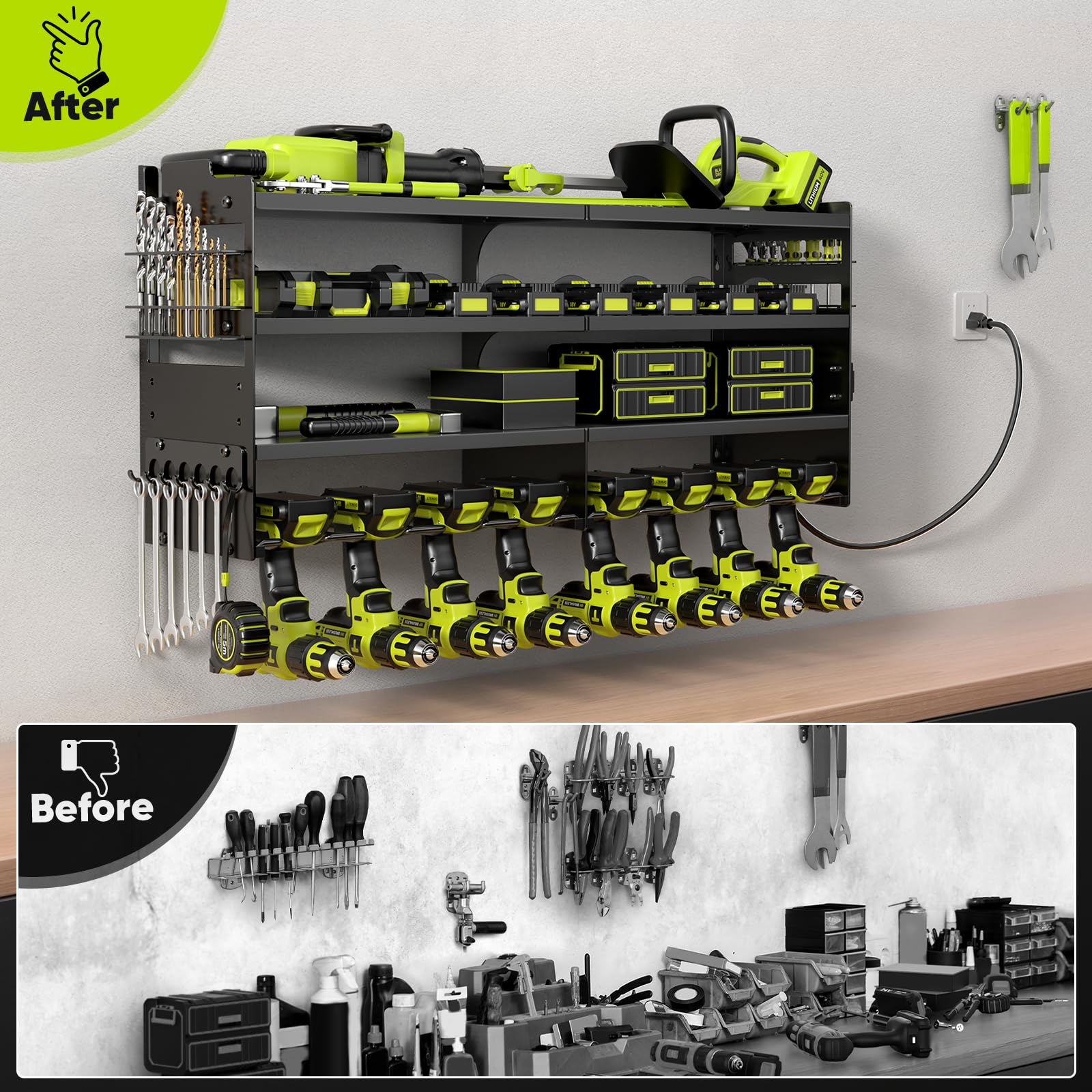 POKIPO Grande organizer per utensili elettrici da parete con stazione di ricarica, 4 ripiani in metallo resistente, carico 272,2 kg con 8 supporti per trapano senza fili, carica batteria con 4