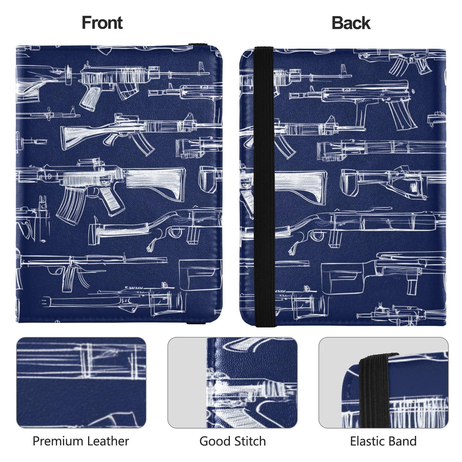 Custodia porta passaporto in pelle blu navy con motivo armi disegnate da linee bianche, porta passaporto, con scomparto per carte di vaccino, leggera