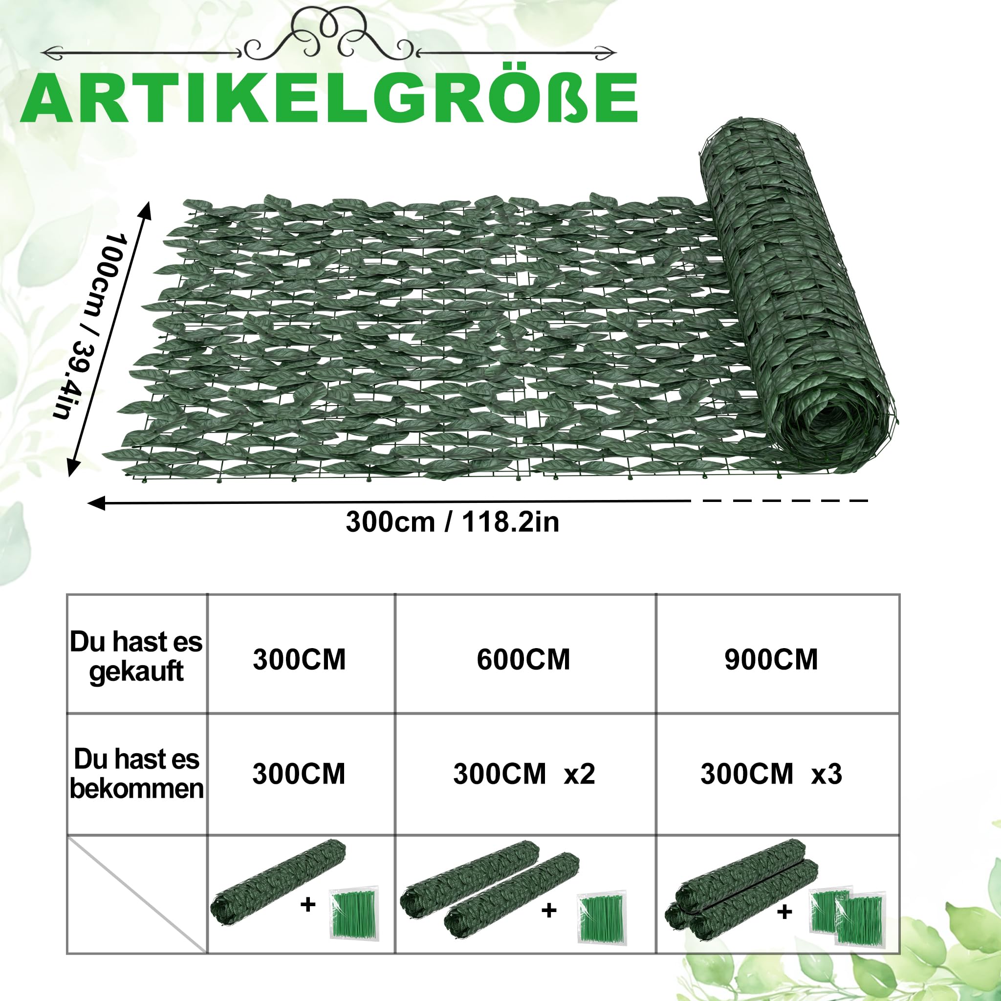 Aufun Künstliche Efeu Garten Sichtschutz mit Kabelbinder 100x1500cm | UV-Beständig Balkonsichtschutz Garten, Hecken Paneele Rolle Pflanzen Hängend Girlande für Gartenhecken Balkon Außendekoration