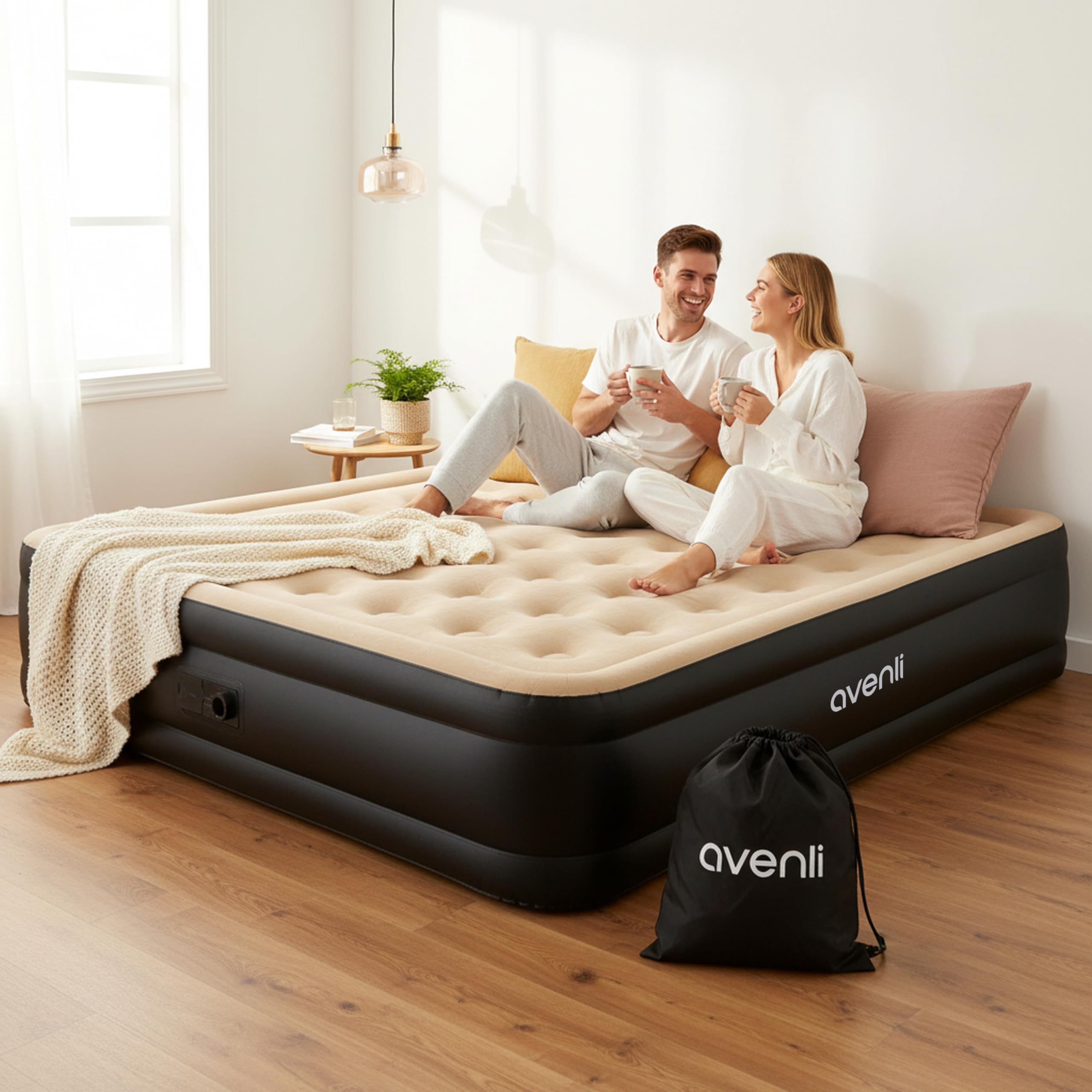 AVENLI Colchón Hinchable Autohinchable Matrimonio 203x157x47 cm, Cama Hinchable Doble 2 Personas con Bomba Eléctrica Integrada hasta 300 kg, Camping y Cama Supletoria, Coil-Beam, Beige