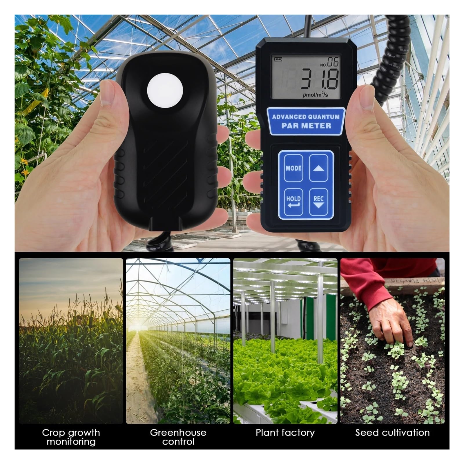 Espectrofotómetro, Medidor PAR De Luz PPFD, Medidor De Fotosíntesis De Longitud De Onda De 400-700nm Con Selección De Modo De Sensor, Probador De Luz LCD Grande(B)