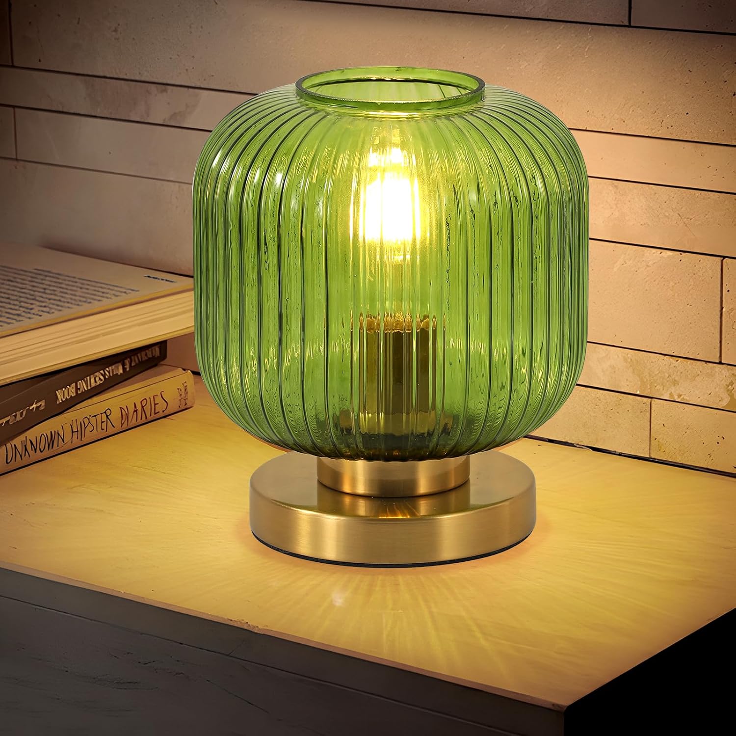 Mid Century Modern Table Lamp Green Table Lamp Dimmable Ribbed Glass Bedside Lamp Modern Globe Desk Lamp Small Vintage Nightstand Lamp with Plug-in Style for Bedroom Living Room Office