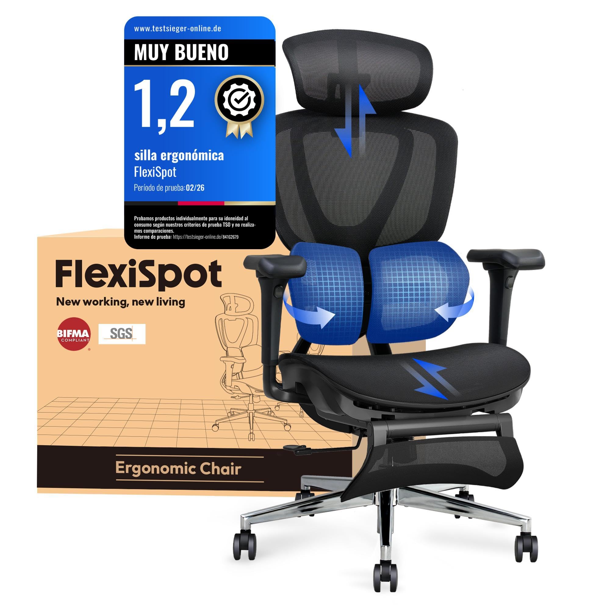 FLEXISPOT OC8 Silla Escritorio con Reposapiés, Silla Ergonomica Escritorio con Soporte Lumbar de Doble ala, Reposacabezas 3D, Respaldo 3 Niveles y Asiento de Profundidad Ajustable, Negro