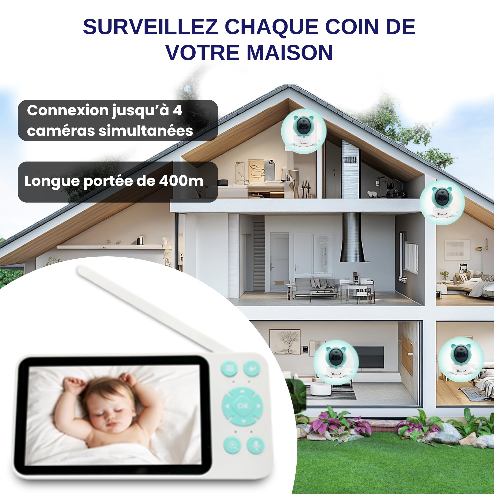 Babyphone Camera 2K + Moniteur vidéo 5" LCD-IPS + Application WiFi | PTZ 355°, VOX, Enregistrement, Surveillance Mouvements, Berceuses | Baby Phone Monitor, Caméra Bebe | Support Offert |
