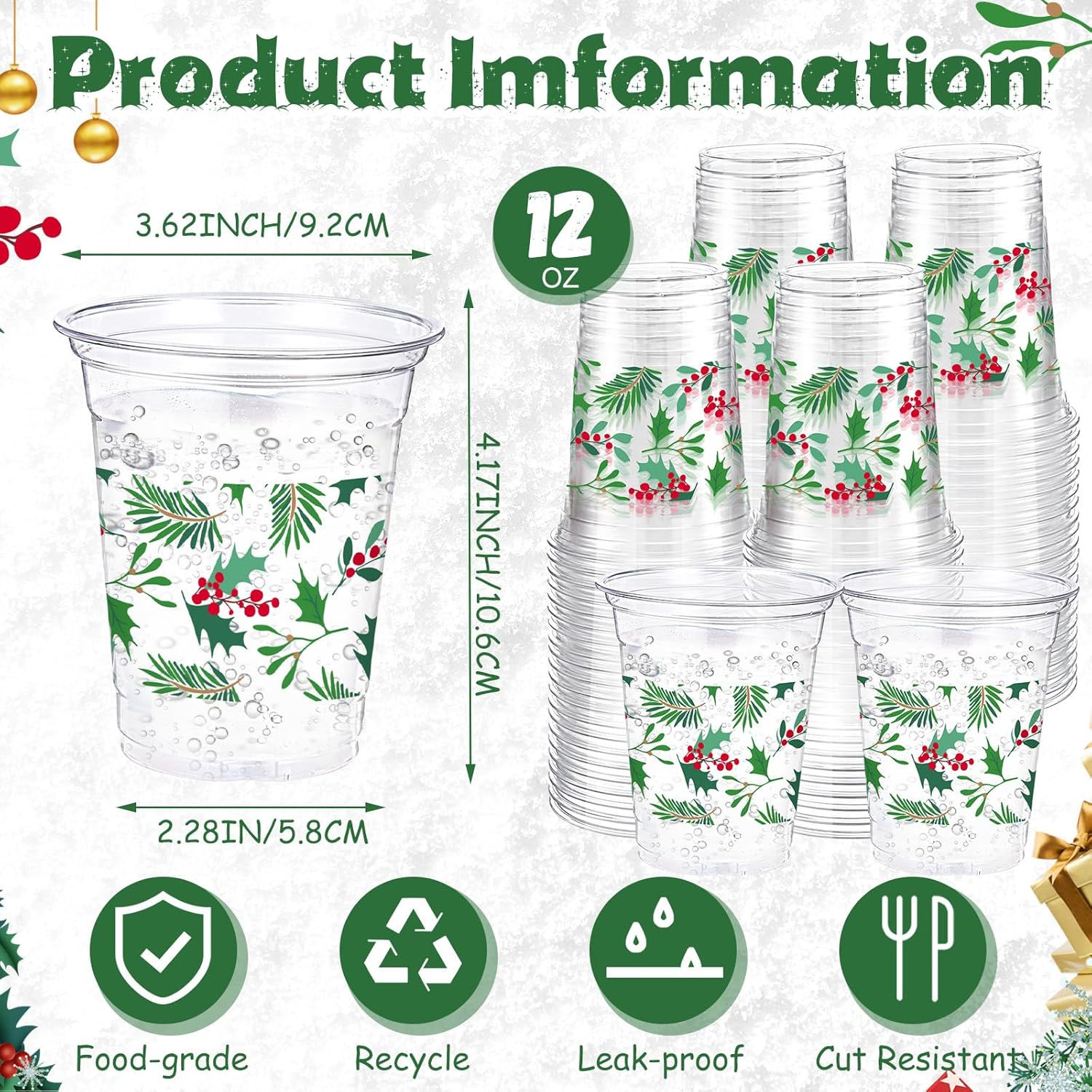 60 Pack Christmas Plastic Cups 12 oz Seasonal Holly Leaf Disposable Clear Plastic Drinking Cups for Xmas Christmas Winter Holiday Party Decoration Supplies - Image 2