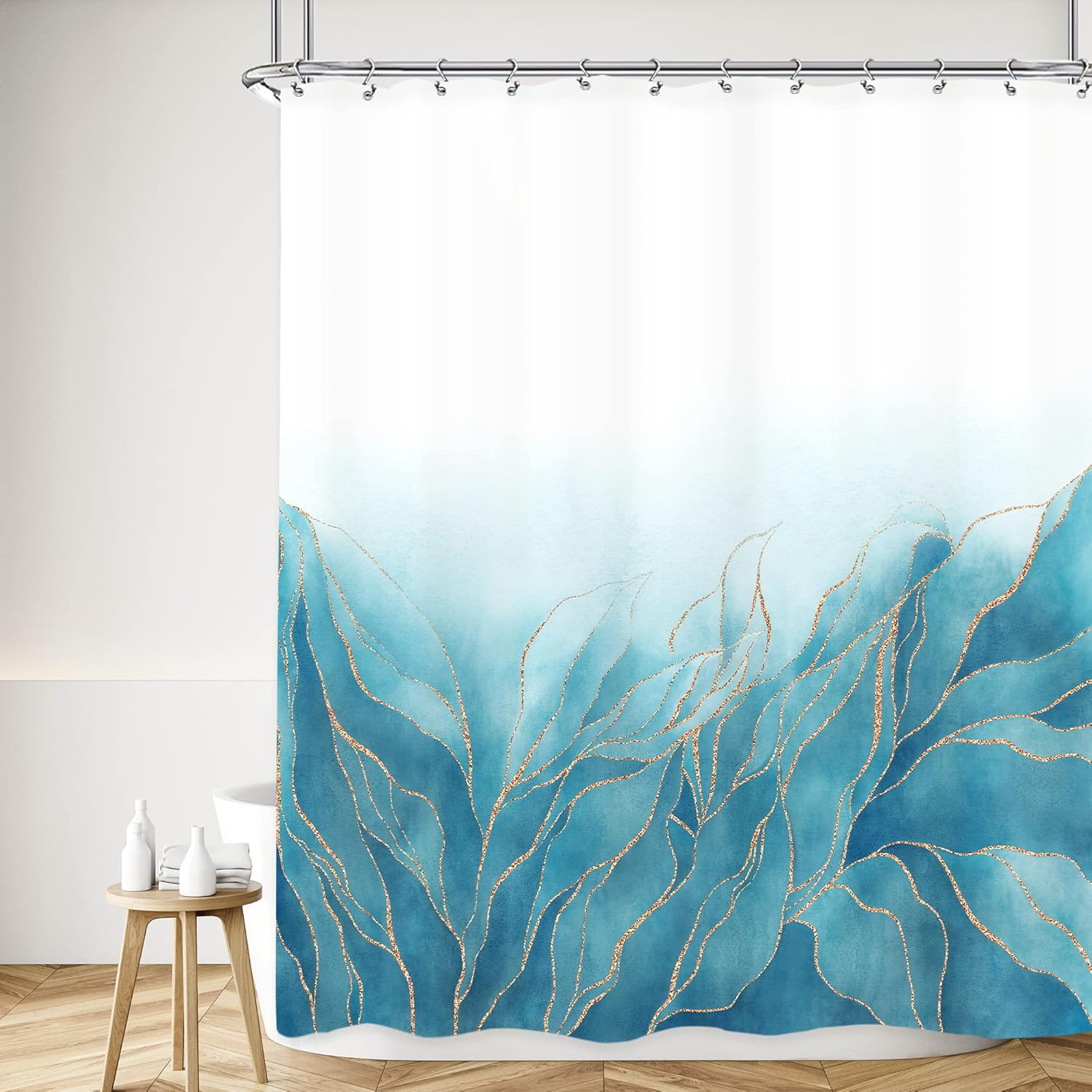 Riyidecor Blue Marble Shower Curtain 60Wx72H Inch Abstract