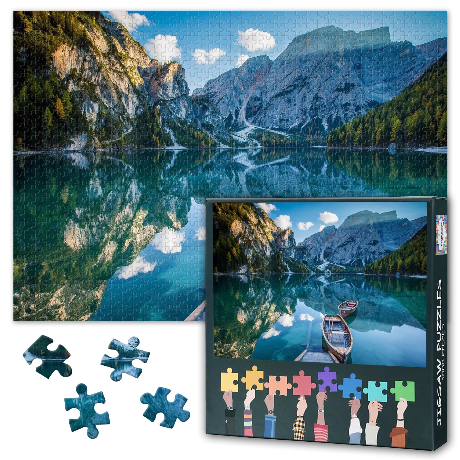 Lakeside Boat 1000 Pieces Puzzles for Adults,Hard Difficult Challenging Jigsaw Puzzles Lago di Braies Lake Mountains Dolomiti di Brenta Puzzle Games for Adults 50x70 cm