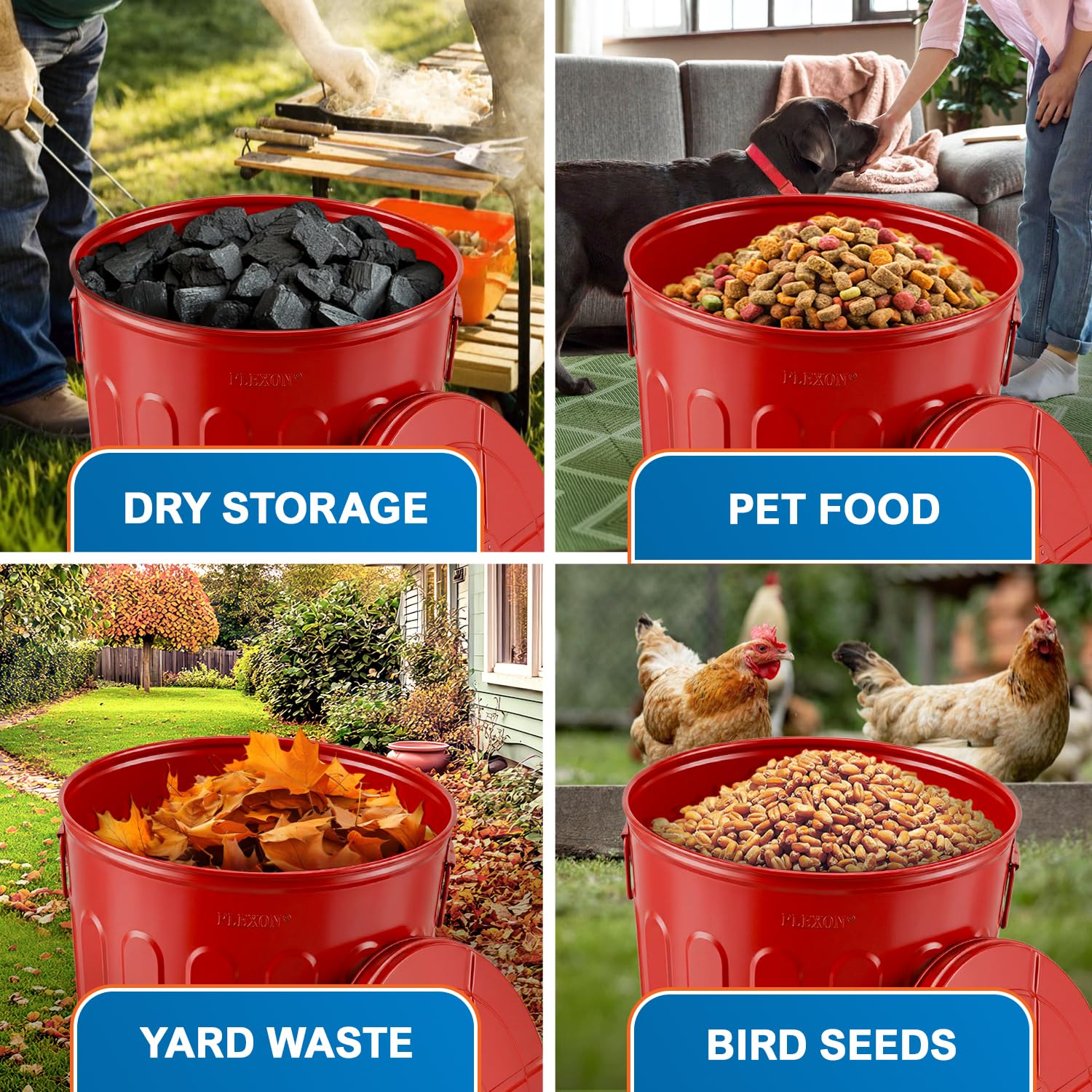 Plexon 20 Gallon Metal Trash Can with Lid Outdoor Large Trash Bin Steel Garbage Can for Garage Patio Farmhouse Bucket Bird Seed Storage Can Heavy Duty Round Container, Red