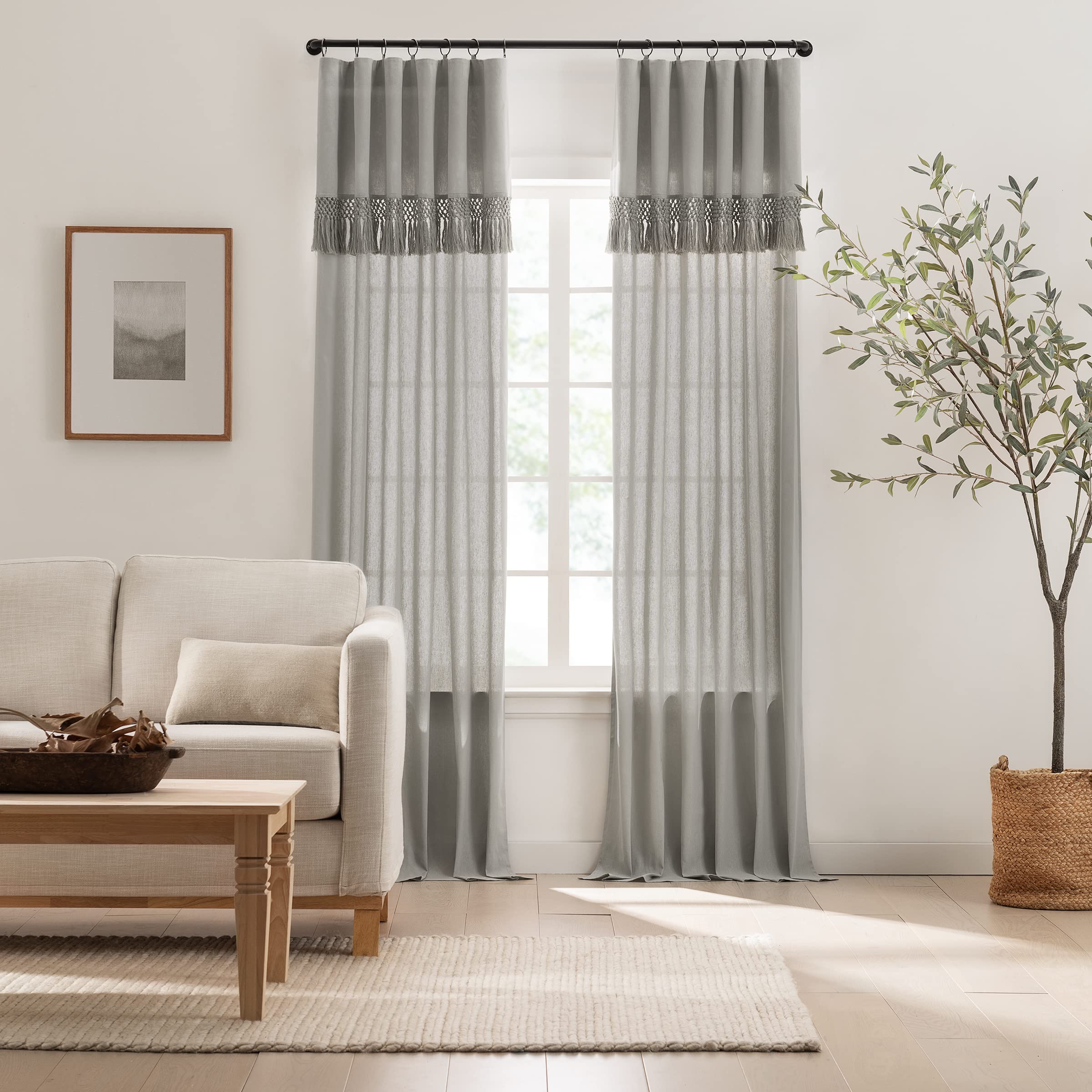 Mercantile Lucinda Light Filtering Window Curtain with Attached Knotted Fringe Valance (1 Panel), 50 in x 108 in, Grey