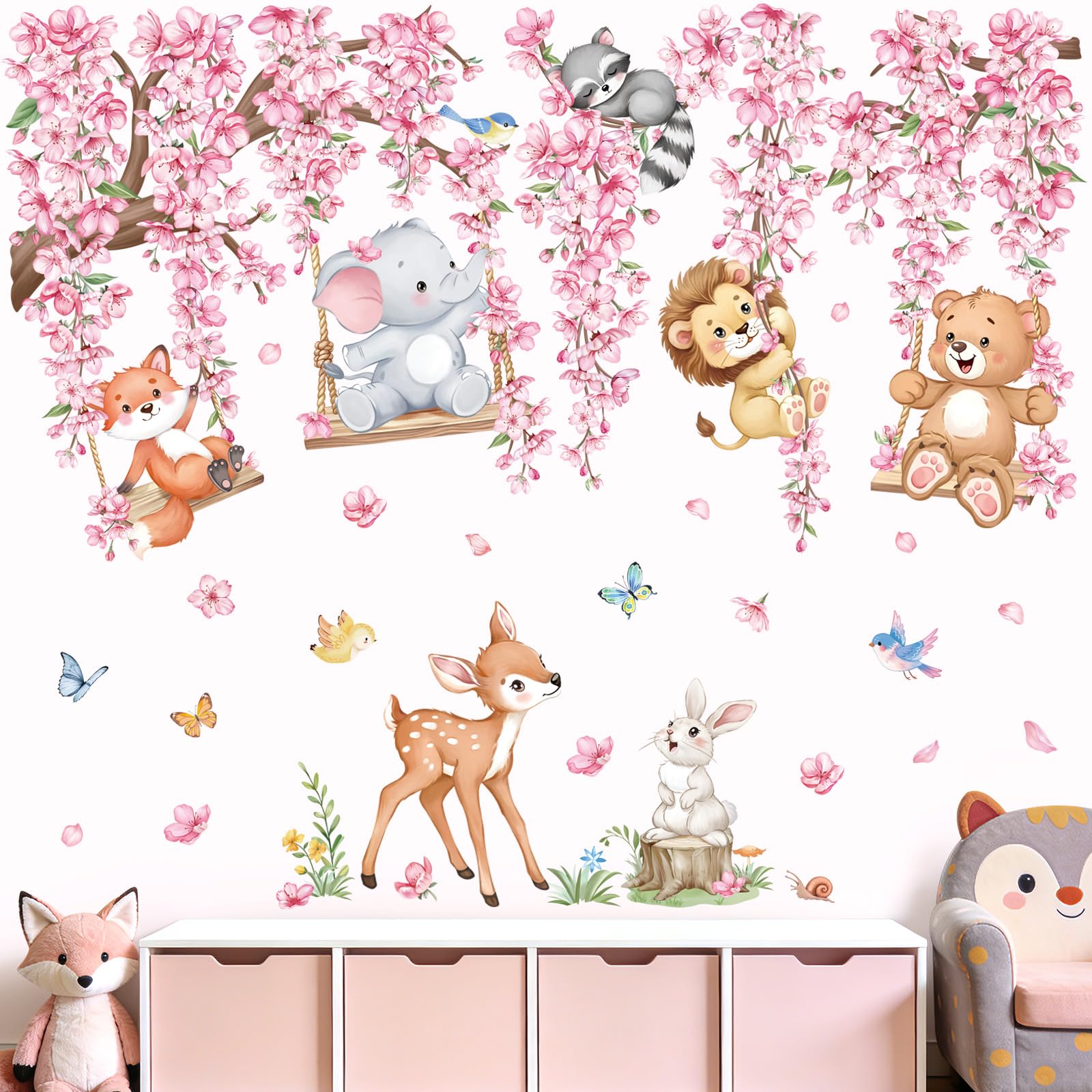 wondever Adesivi Murali Animali Foresta Ramo Albero Rosa Sticker da Muro Fiore di Ciliegio Elefante Orso Cervo Adesivi da Parete per Camerette Bambini Asilo Nido - 2