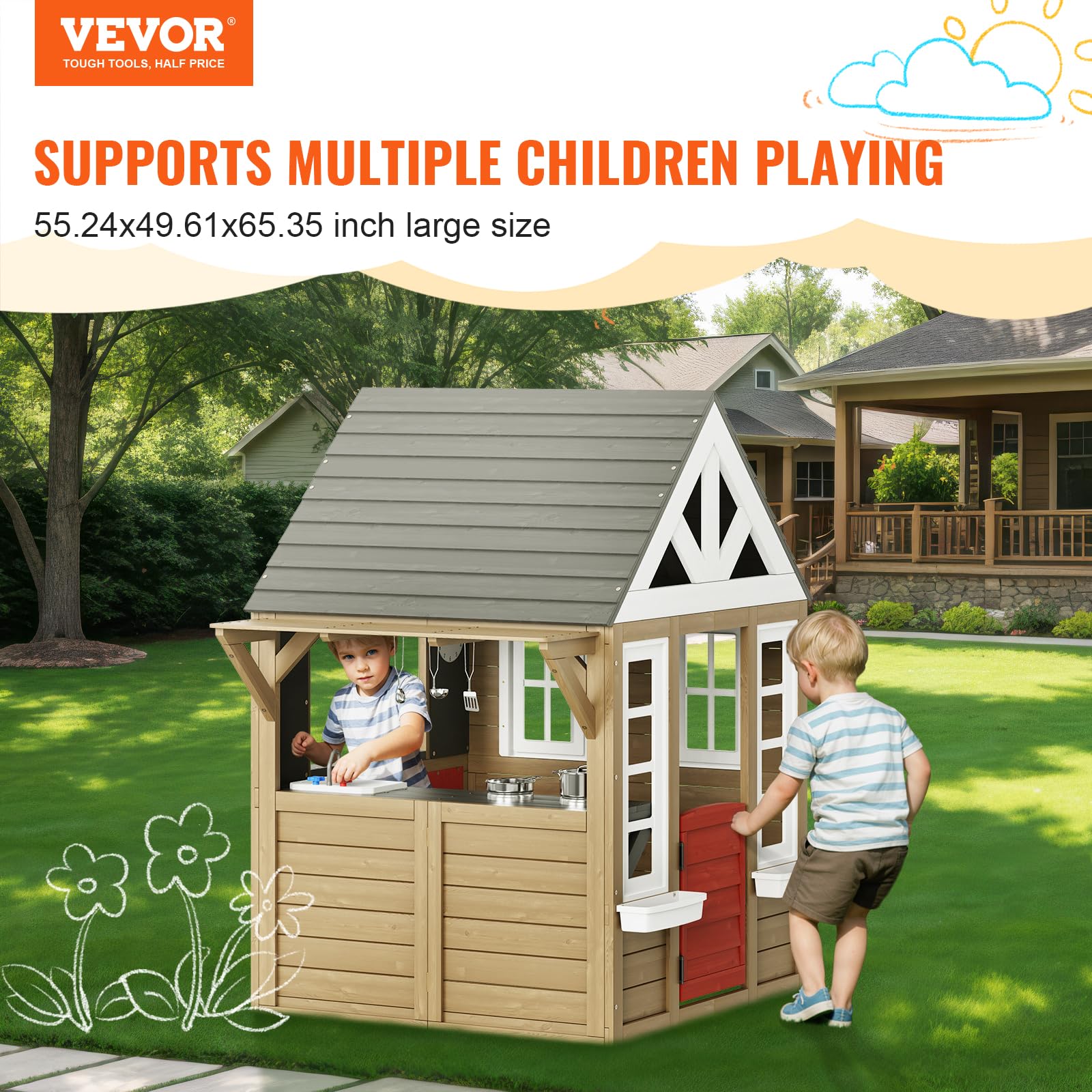 VEVOR Holzspielhaus Kinderspielhaus, Gartenhaus für Kinder ab 2 Jahren, Gartenspiele-Hütte, Spielhaus aus Zedernholz im Landhausstil mit Tür, Fenster, Blumentopfhalter, Grill, Herd und Spüle