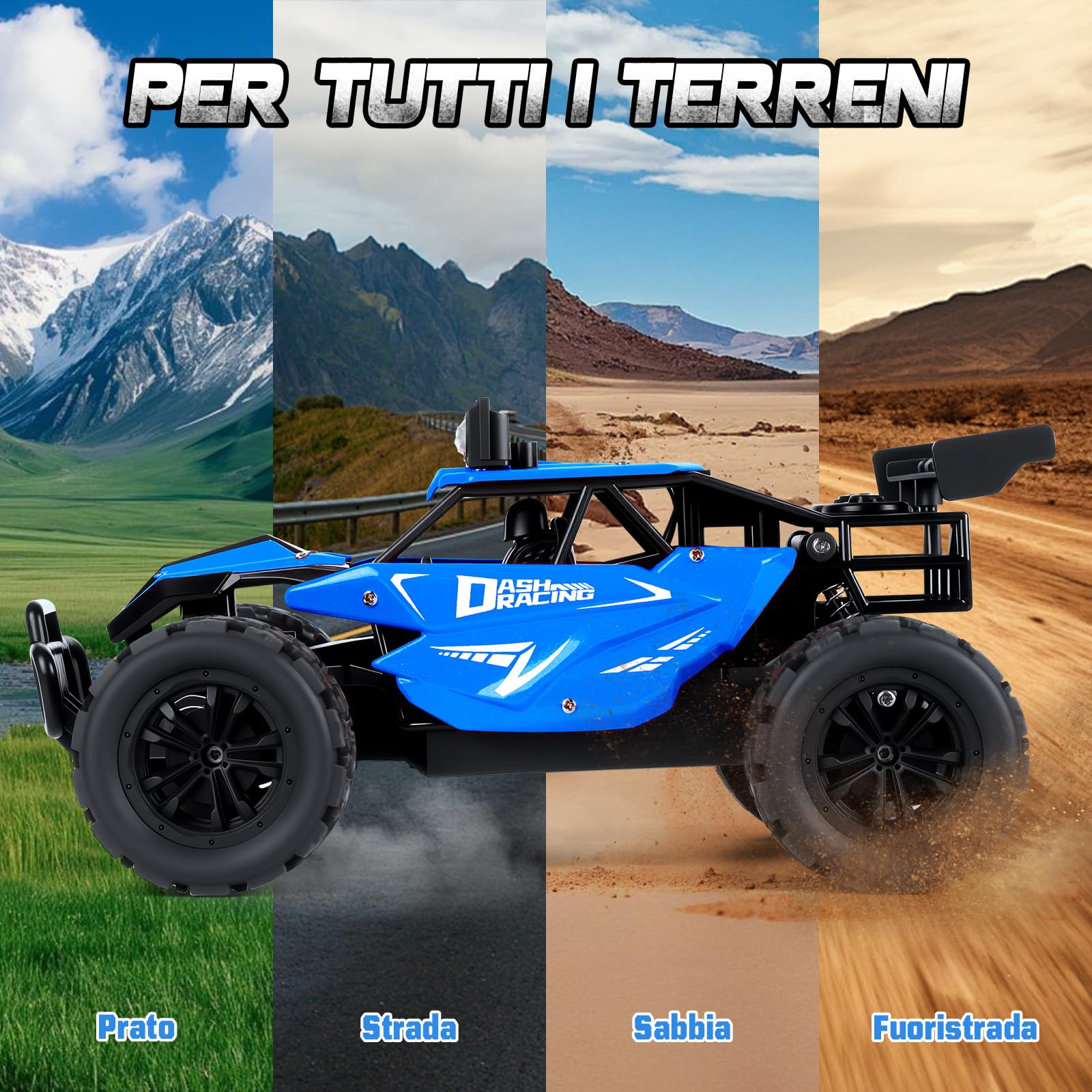 Joellfuner Macchina Telecomandata per Bambini, 2.4Ghz 1:16 Macchina Radiocomandata con Luce LED Quattro Colori, 20KM/H Monster Truck Telecomandato con marce alte e basse per bambini 3+ anni (Blu)