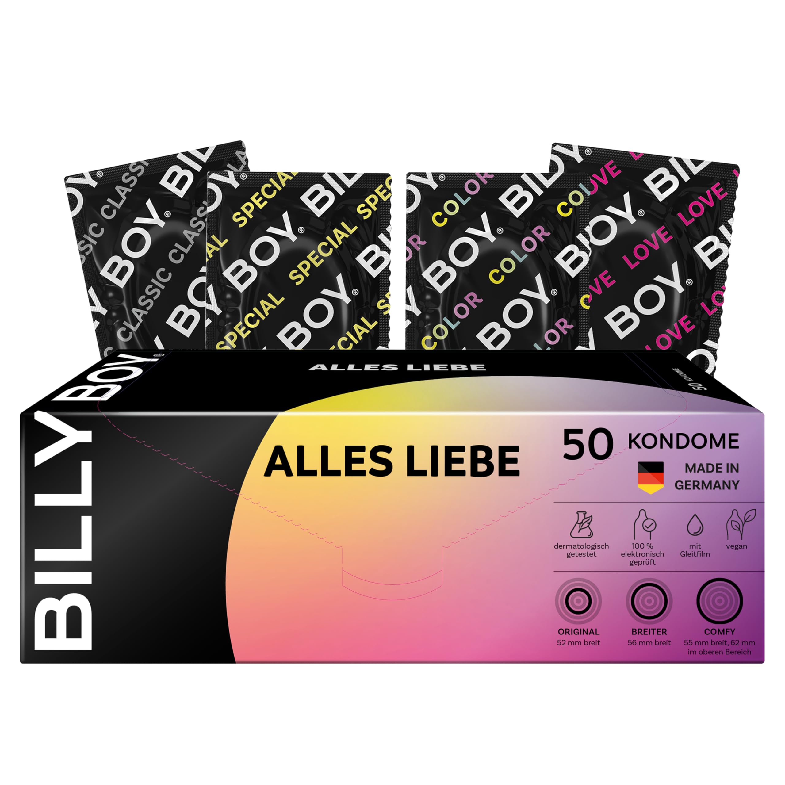 BILLY BOY Prezerwatywy | Alles Liebe od Zestaw 50 prezerwatyw w różnych rozmiarach | przezroczyste, kolorowe, owocowe, z prążkami/wypustkami i z wbudowanym pierścieniem | (1 × 50 sztuk)