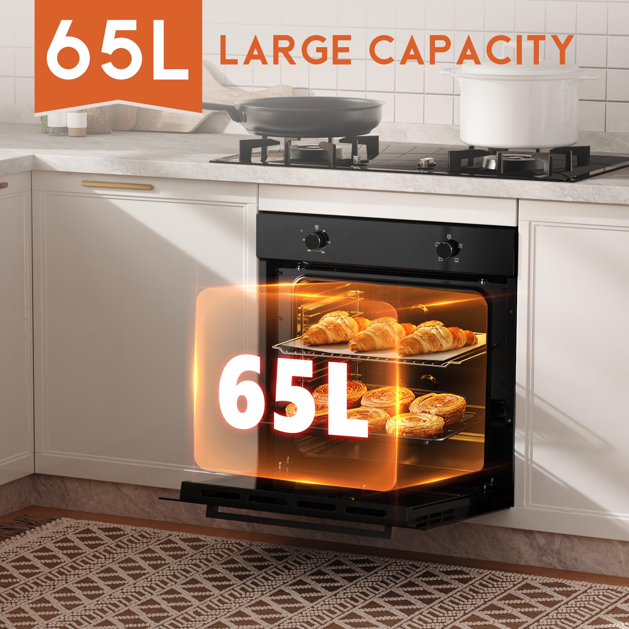 Four Encastrable 60CM, Four Grande Capacité 65 Liters avec Prise, 2200W, 4 Fonctions, Bouton Rotatif Mécanique, Double Tube Supérieur, Ventilateur de Refroidissement Einbaubackofen 60cm