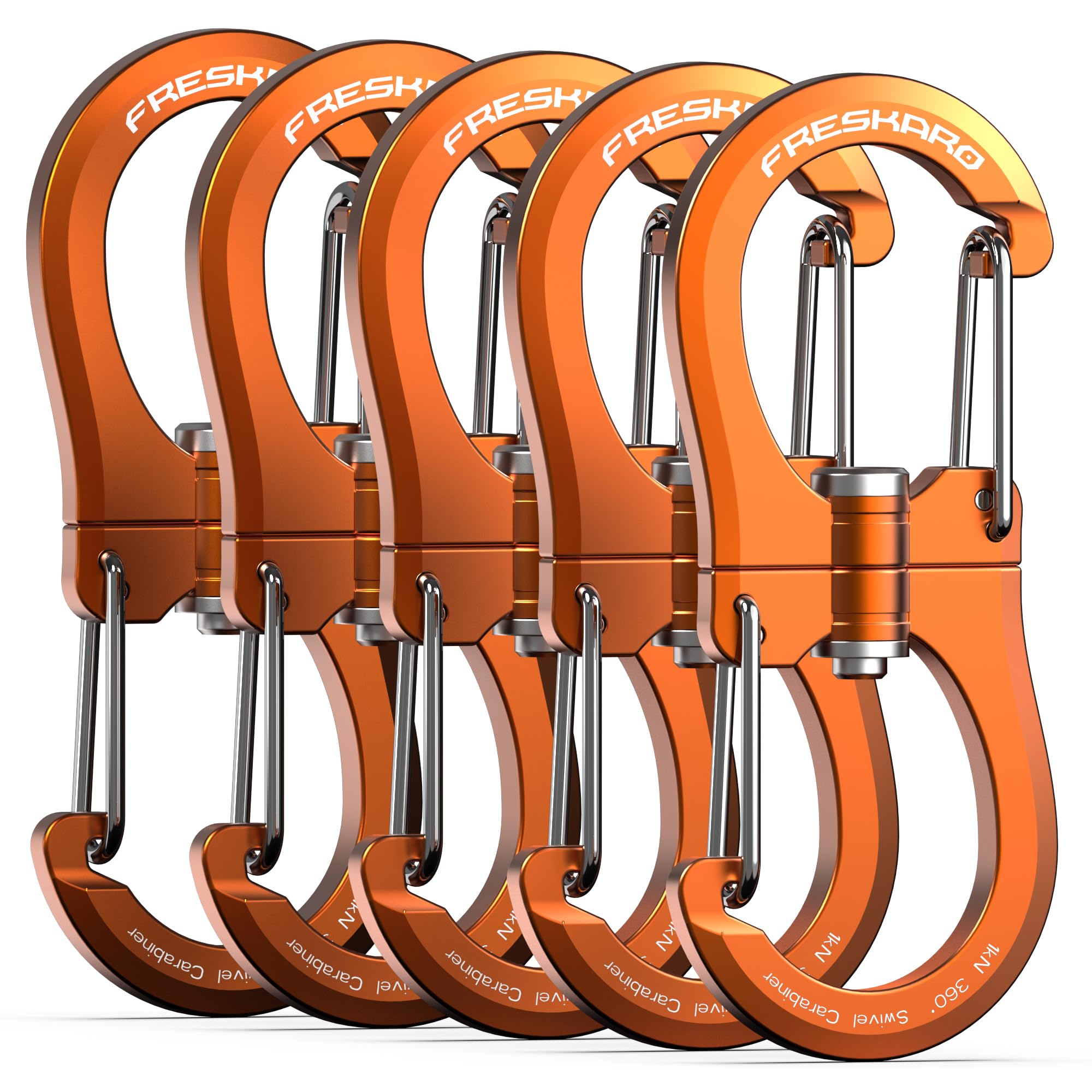 FresKaro 1kN Swivel Carabiner Clips, Heavy Duty Double-Ended Wire gate Carbineers, Small Non Locking Carabiners, Key and Keychain Karabiner, Strong Aluminum Clip for Hanging, Orange, 5pcs