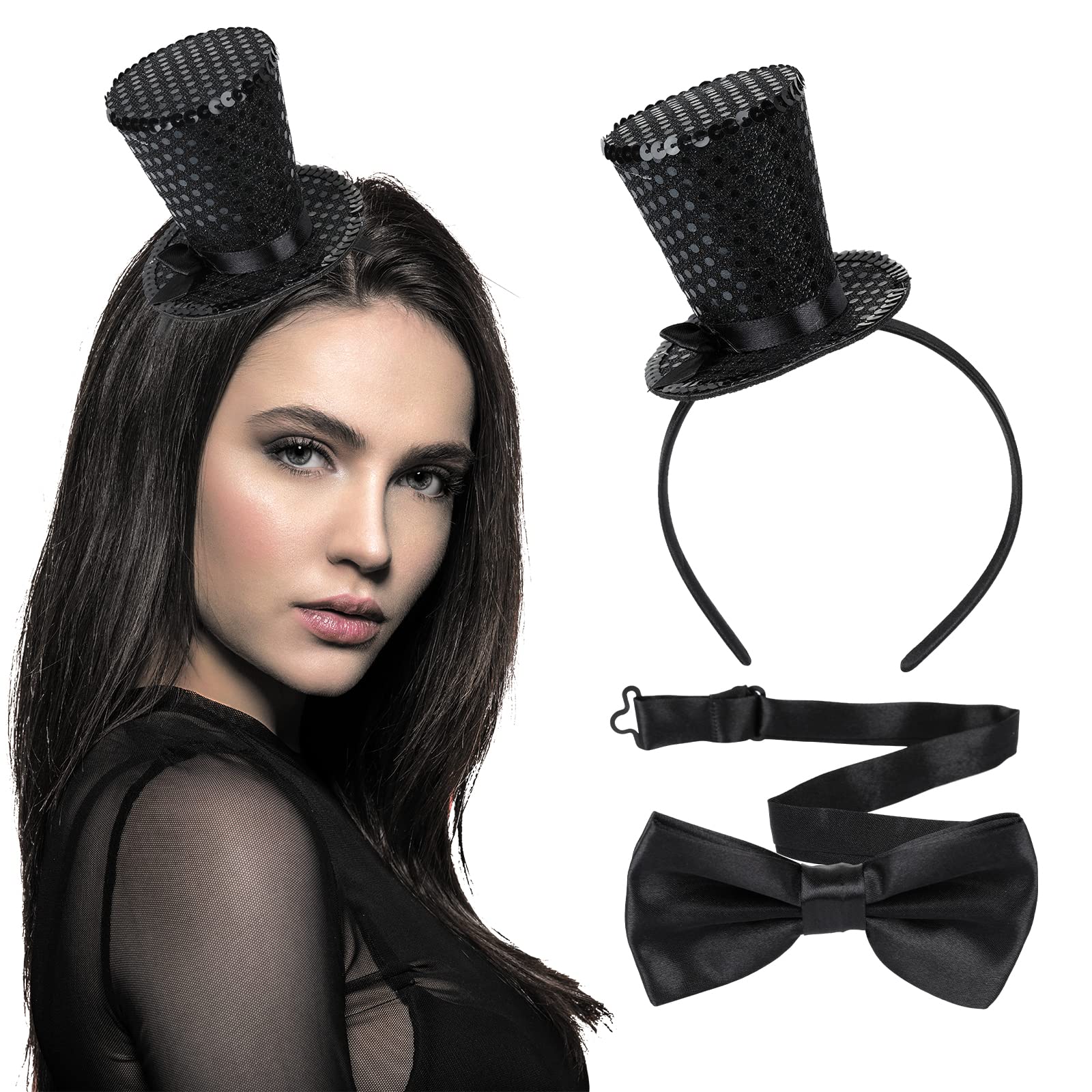 BEIMEIII 2 pieces mini top hat headband set includes black cylinder hat headband and black bow tie for prom, party, carnival, wedding