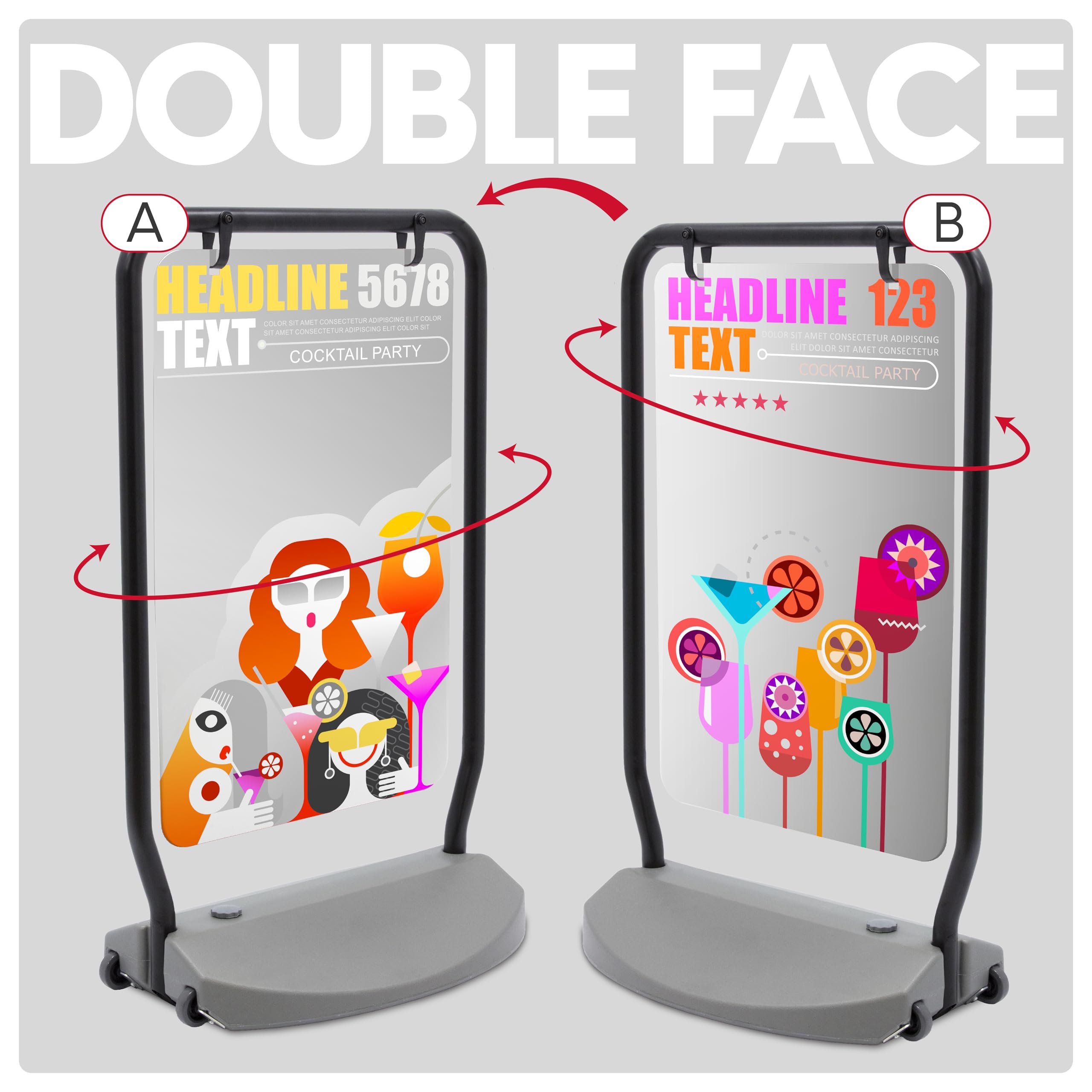 Support publicitaire extérieur avec base rechargeable et roues | Présentoir sur pied avec graphique double face | Affiche pour magasins, foires et événements en plein air